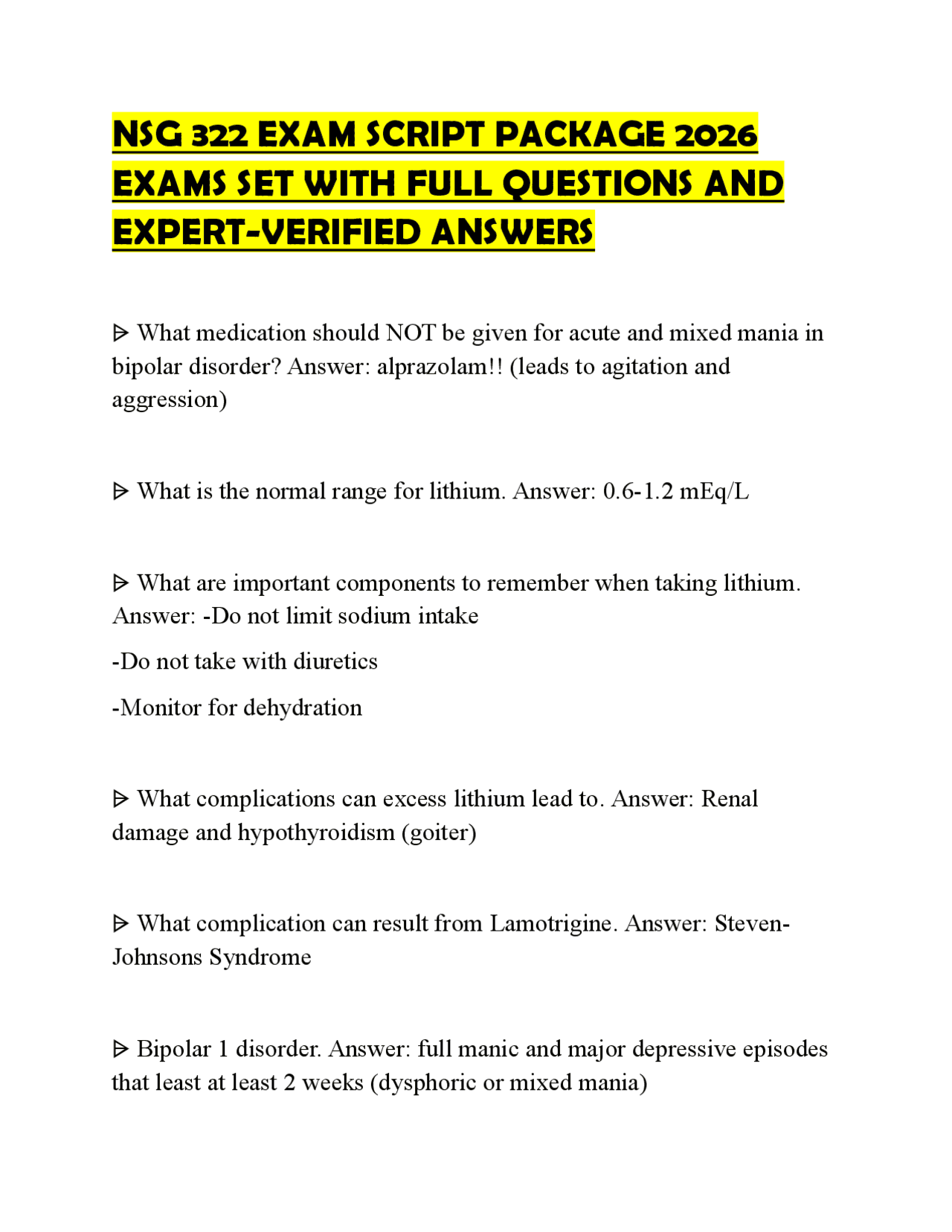NSG 322 EXAM SCRIPT PACKAGE 2026 EXAMS SET WITH FULL QUESTIONS AND ...