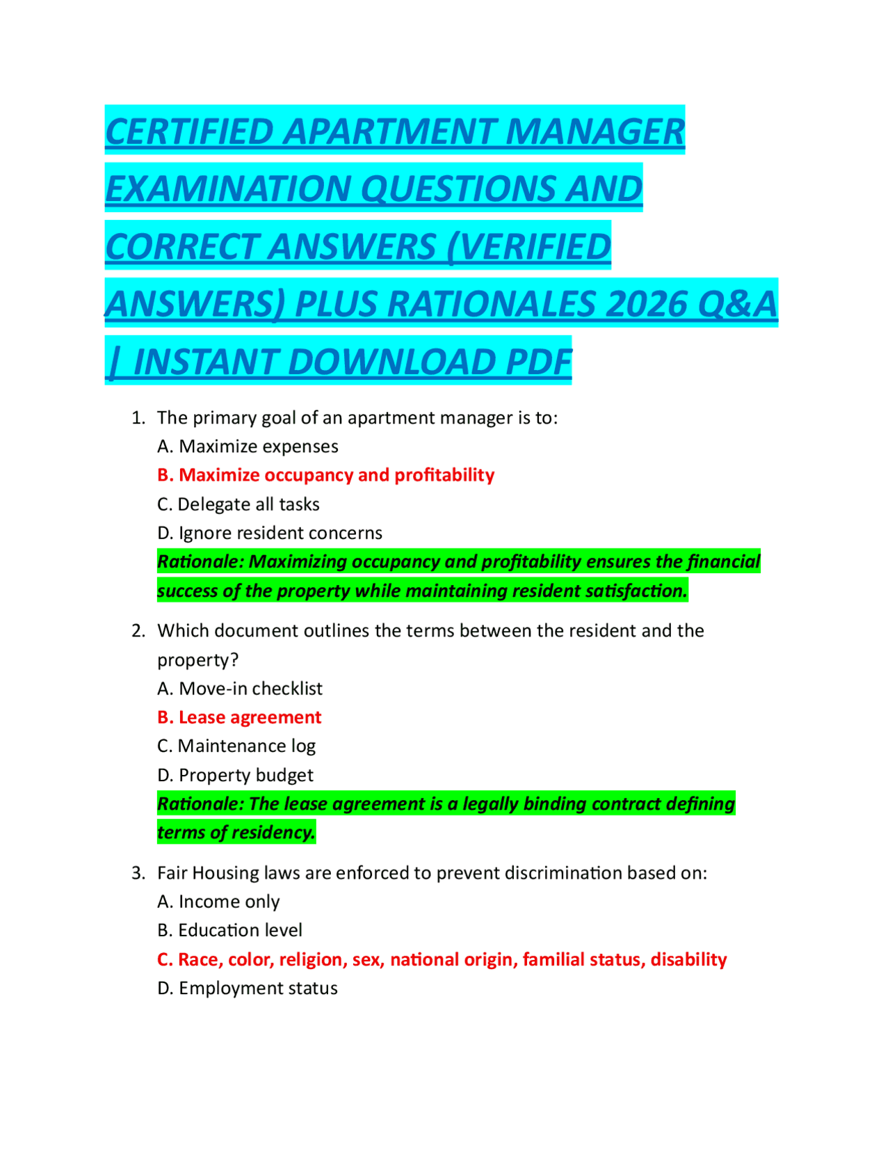 Area Program Manager Written Test Certified Apartment Manager Exam Q&A: Practice Questions and Verified ...