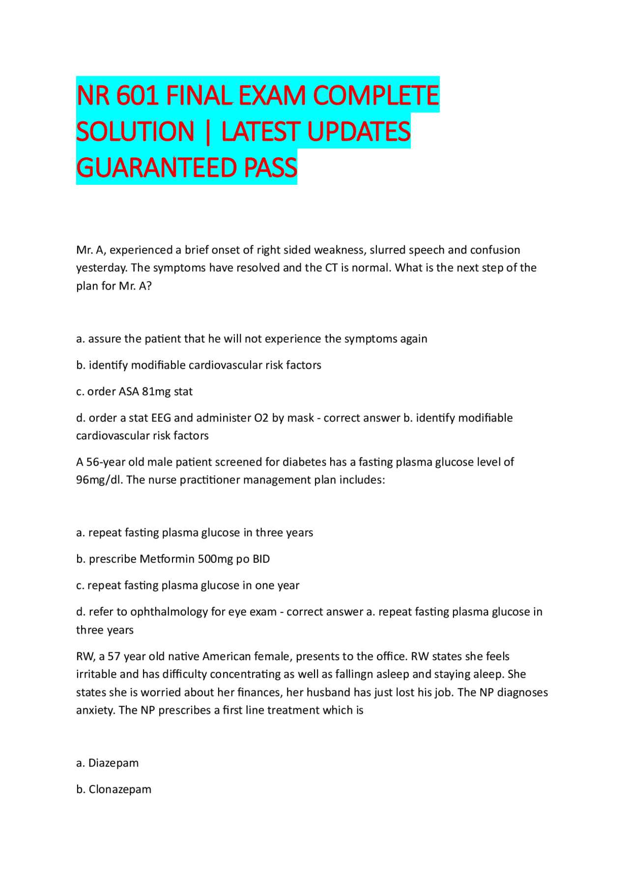 NR 601 FINAL EXAM COMPLETE SOLUTION | LATEST UPDATES GUARANTEED PASS ...