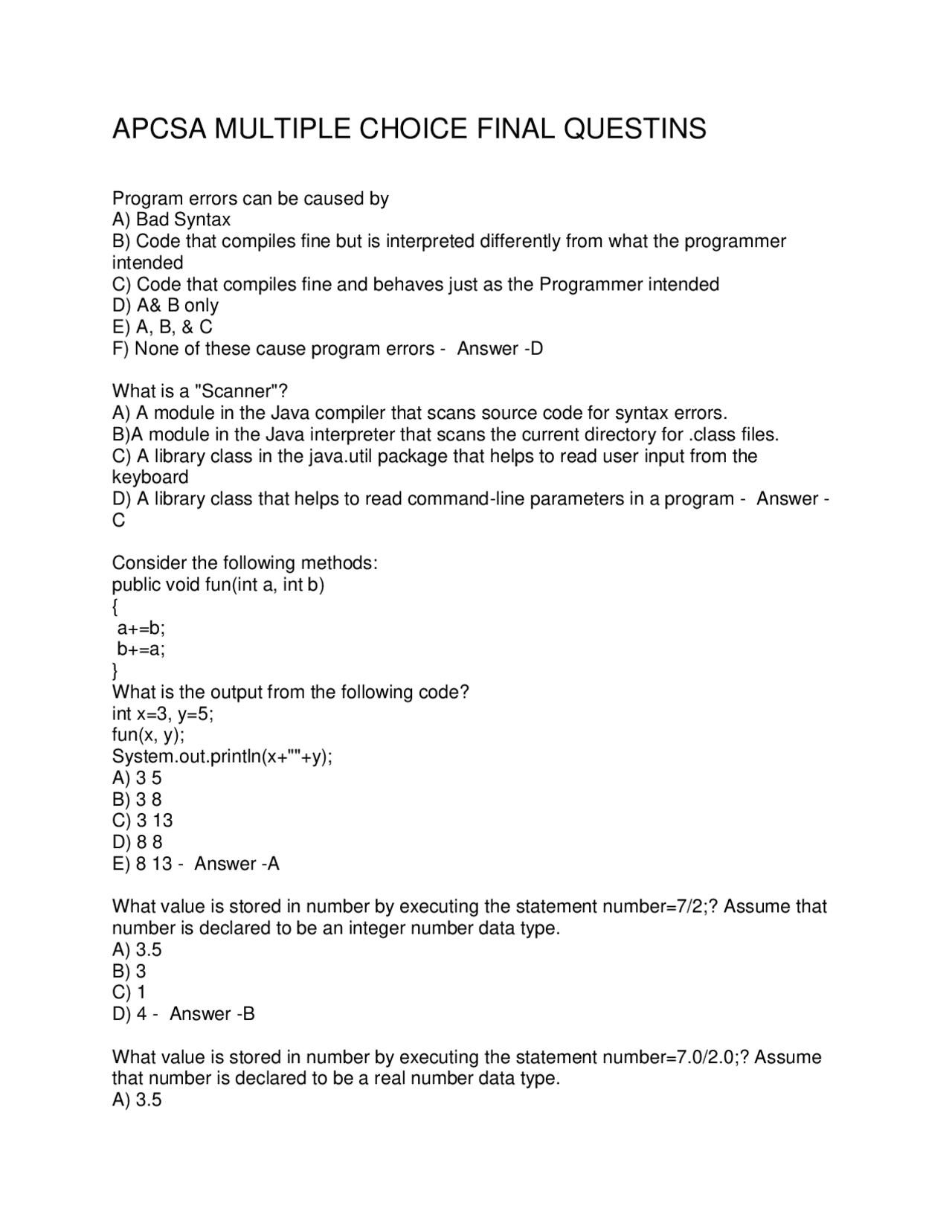 AP Computer Science A Multiple Choice Final Questions | Exams Social ...