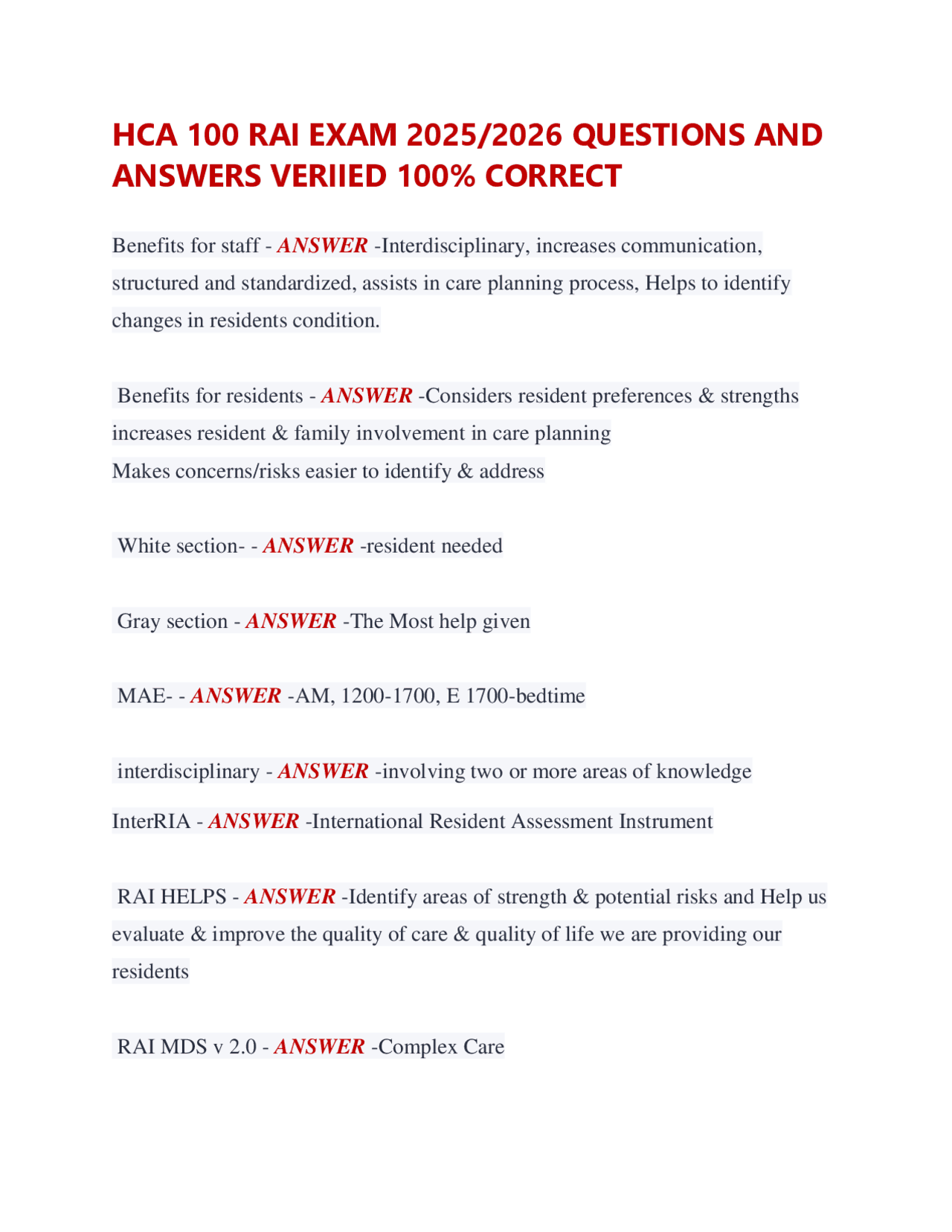 HCA 100 RAI EXAM 2025/2026 QUESTIONS AND ANSWERS VERIIED 100% CORRECT ...