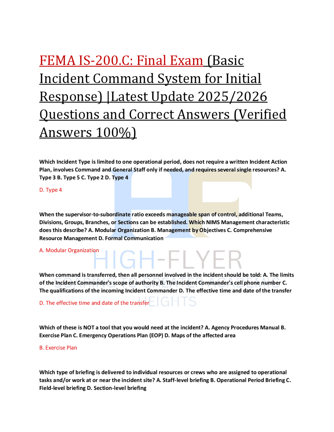 FEMA IS-200.C: Final Exam (Basic Incident Command System for Initial ...