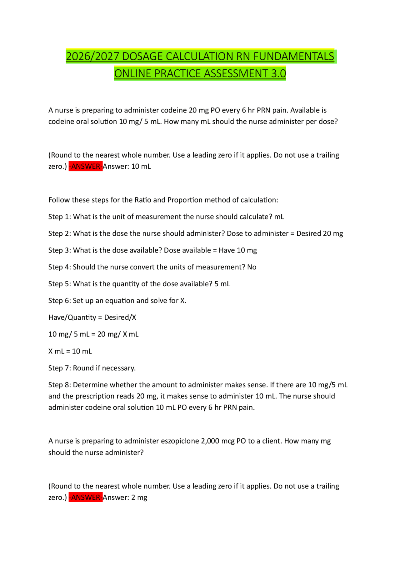 Dosage Calculation Practice Problems for Nurses | Exams Nursing | Docsity