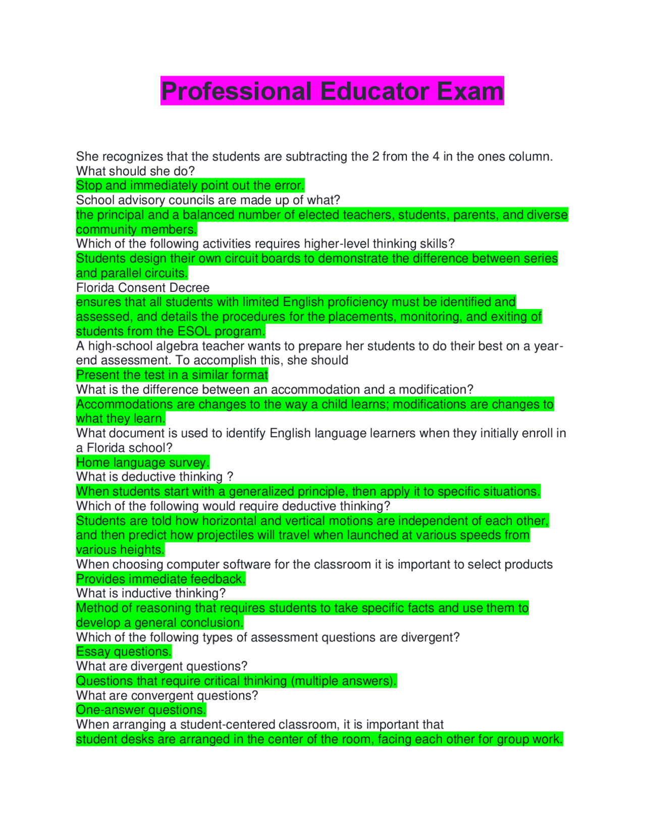 Professional Educator Exam questions with verified answers complete ...