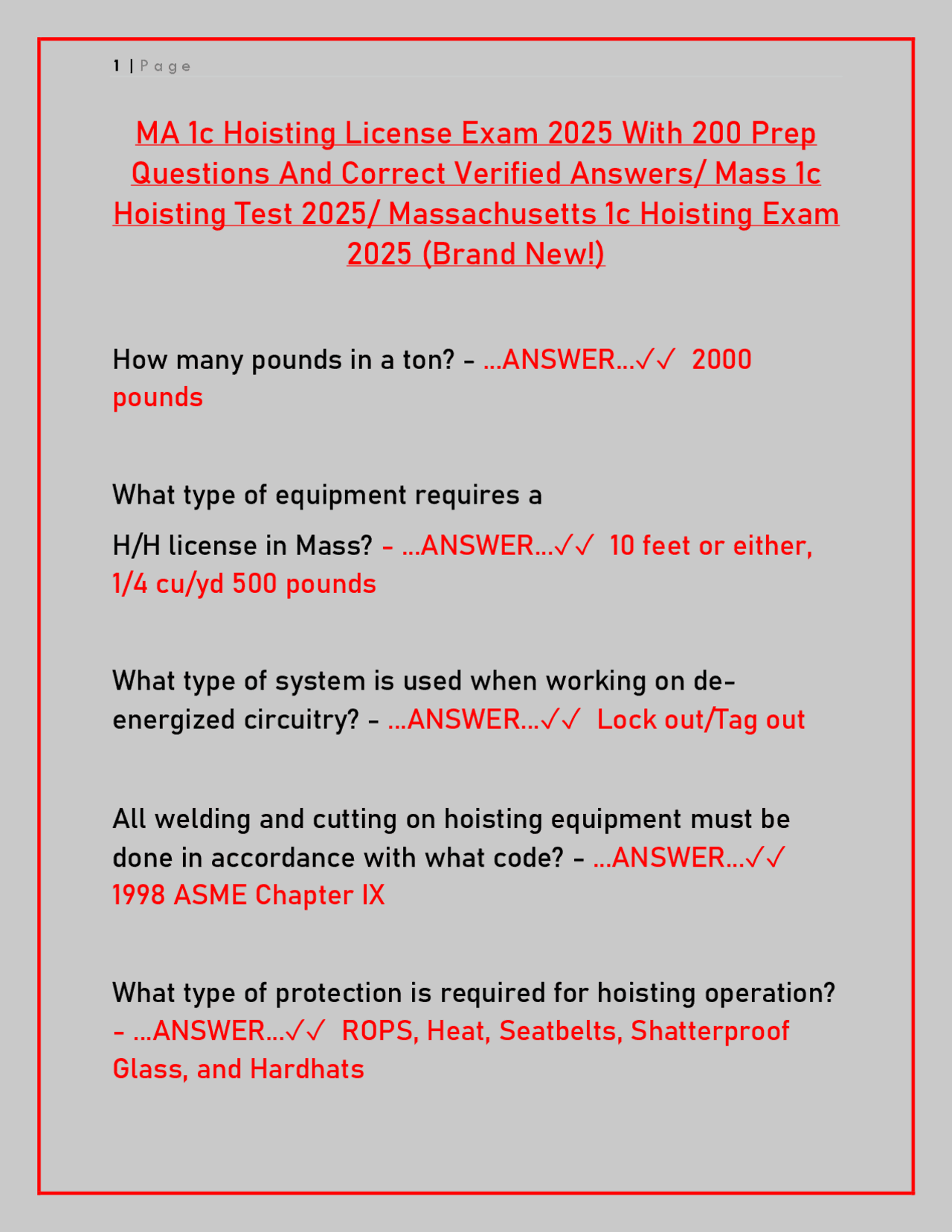 MA 1c Hoisting License Exam Prep 2025 — 200 Practice Questions &amp; Verified Answers for Mass ...