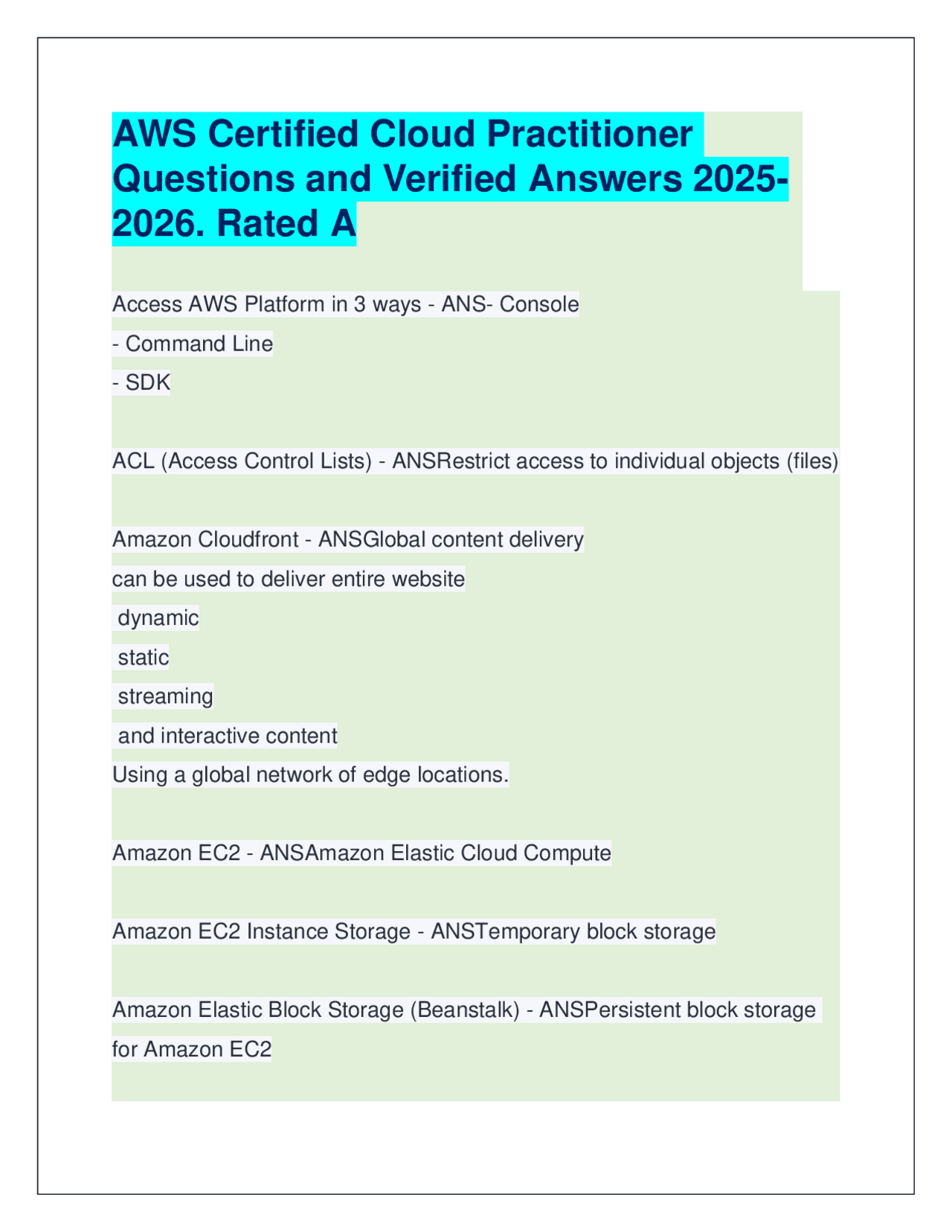 AWS Certified Cloud Practitioner Exam Questions and Answers 2025-2026 ...