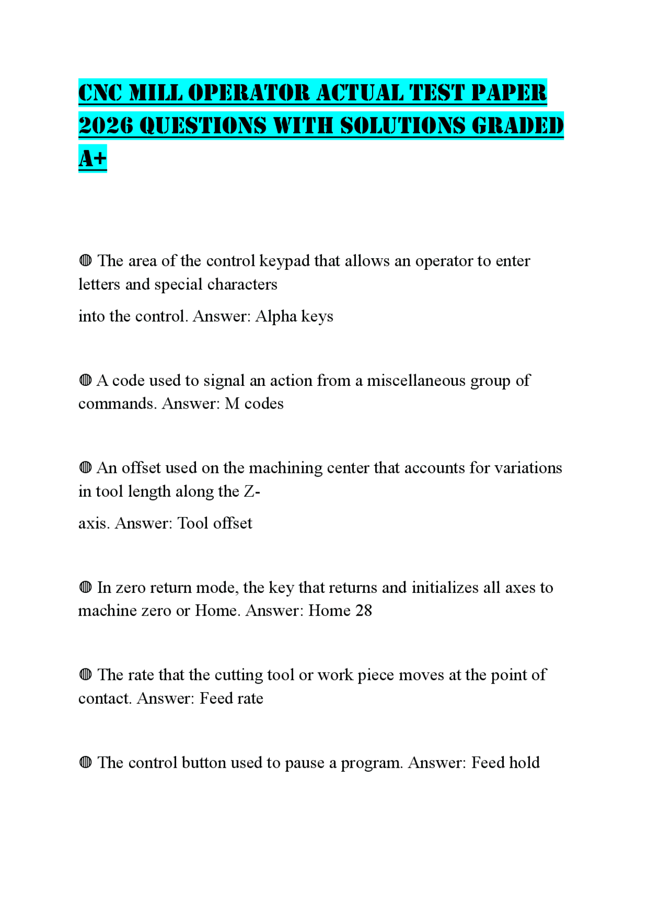 CNC MILL OPERATOR ACTUAL TEST PAPER 2026 QUESTIONS WITH SOLUTIONS ...