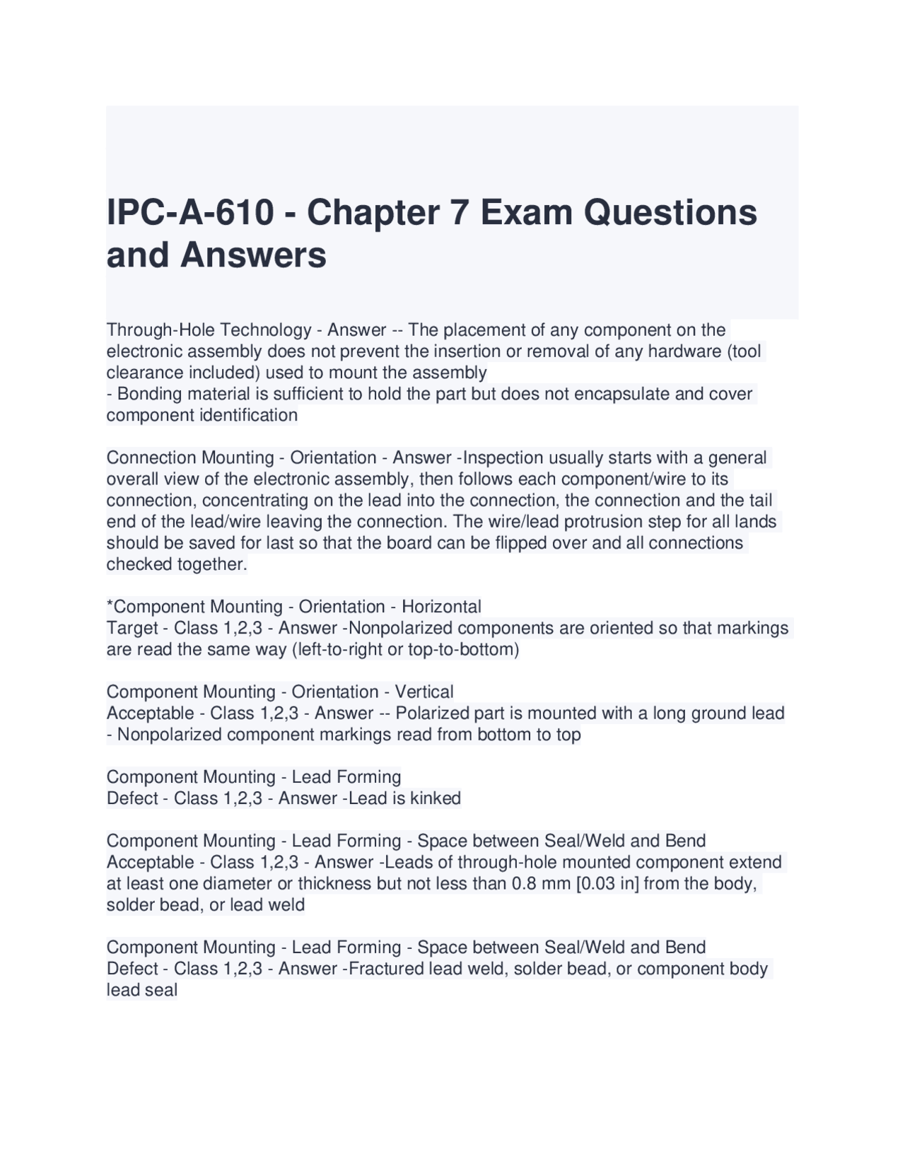 IPC-A-610 Chapter 7 Exam Questions and Answers: Through-Hole Technology ...