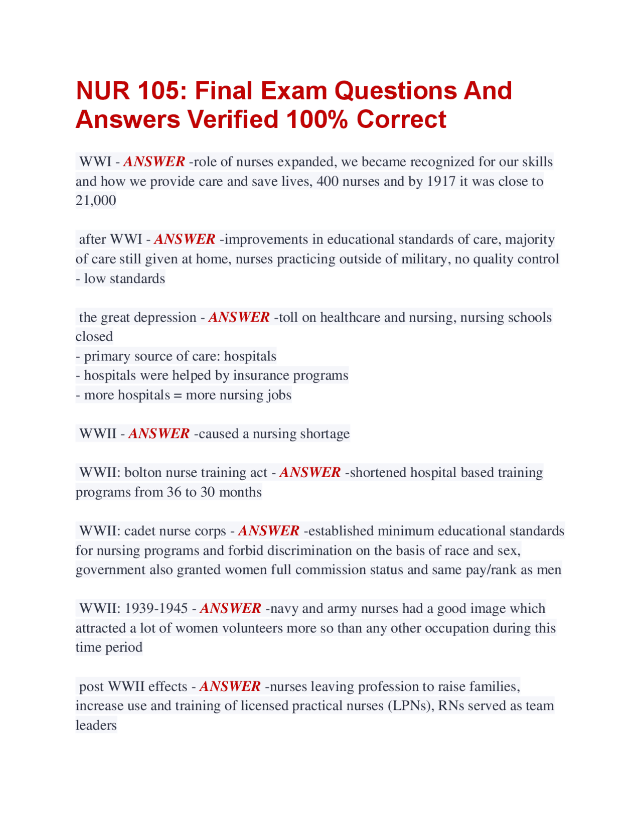 NUR 105: Final Exam Questions And Answers Verified 100% Correct | Exams ...