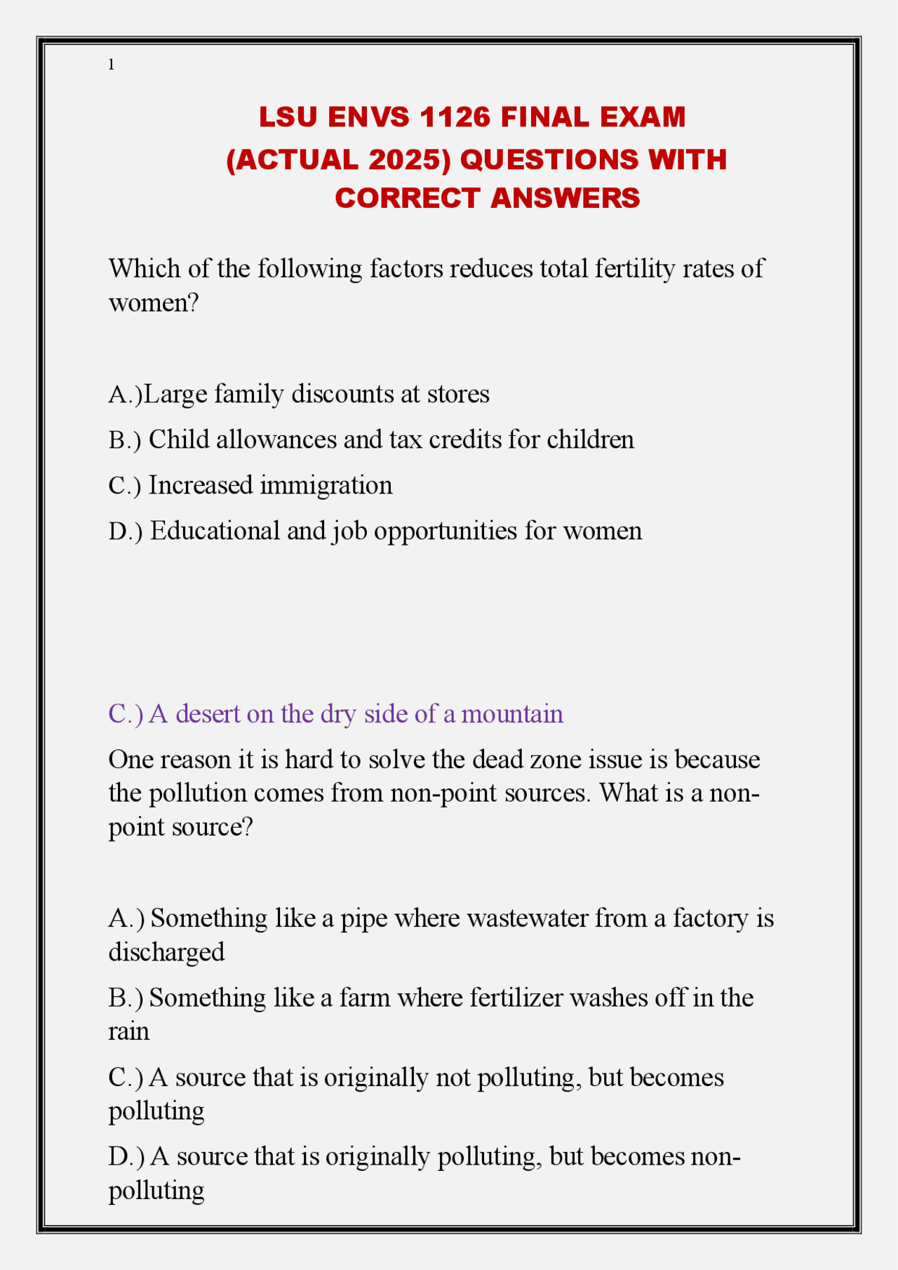 LSU ENVS 1126 FINAL EXAM (ACTUAL 2025) QUESTIONS WITH CORRECT ANSWERS ...