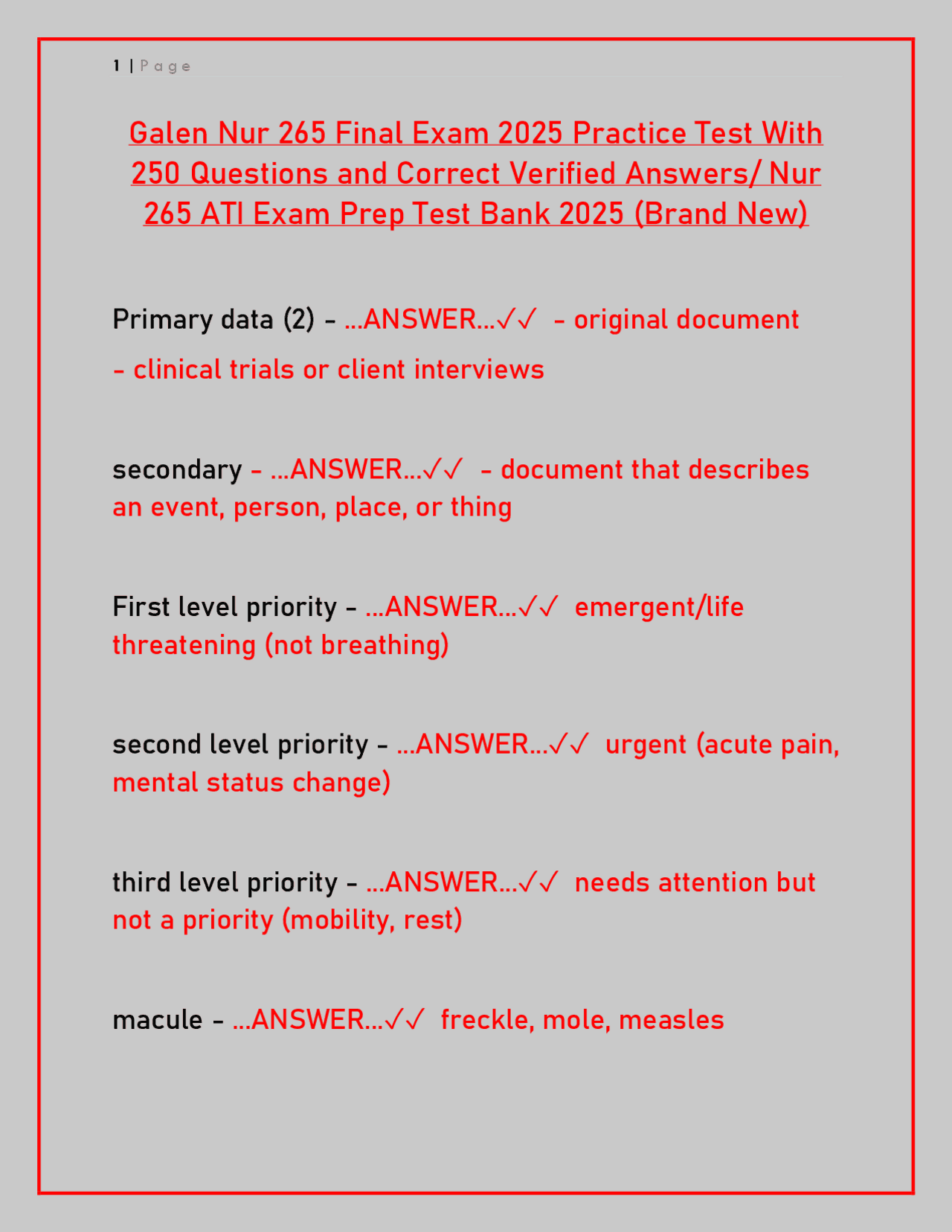 Galen NUR 265 Final Exam 2025: 250 ATI-Style Practice Questions with ...