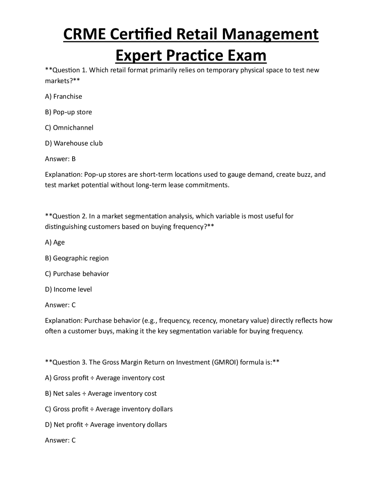 CRME Certified Retail Management Expert Practice Exam | Exams ...