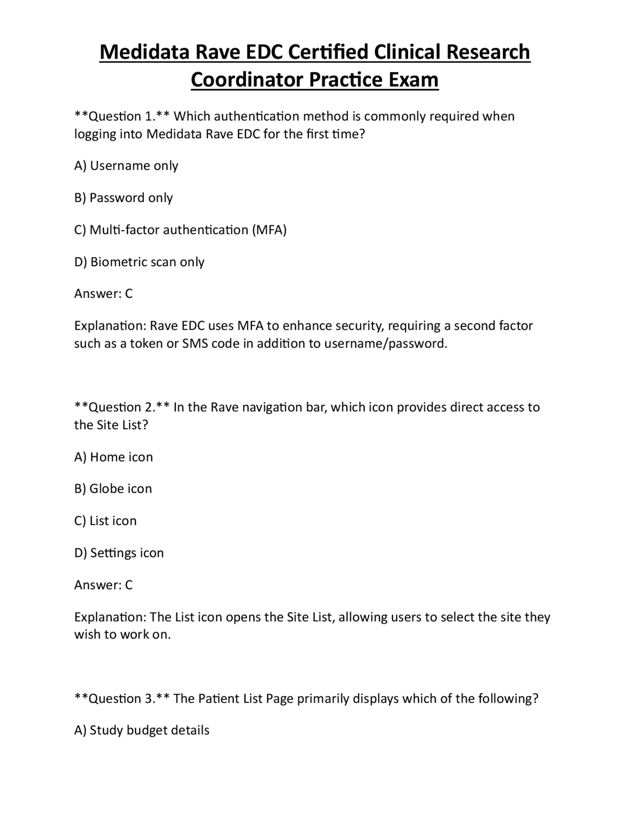 Medidata Rave EDC Certified Clinical Research Coordinator Practice Exam ...