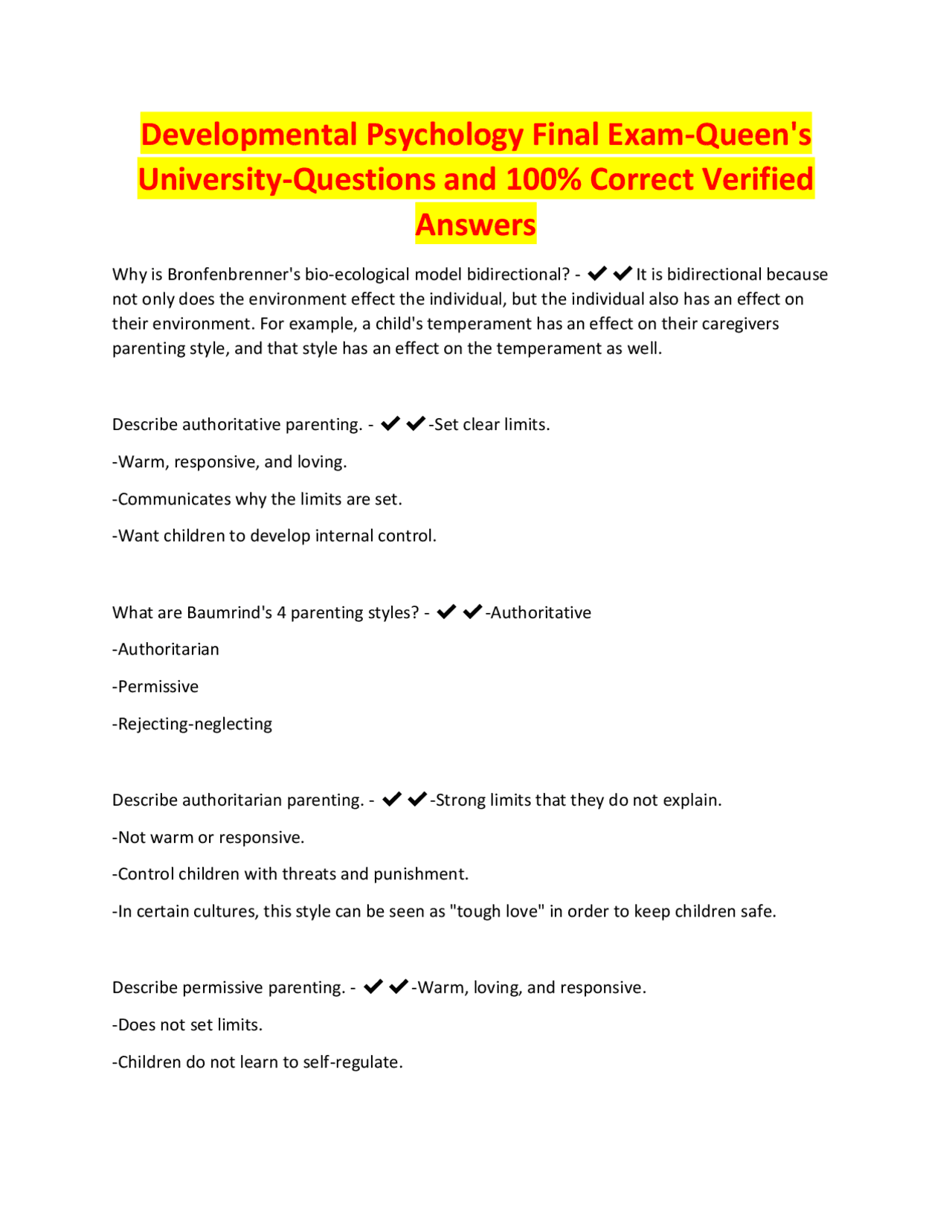 Developmental Psychology Final Exam Questions and Answers | Exams ...