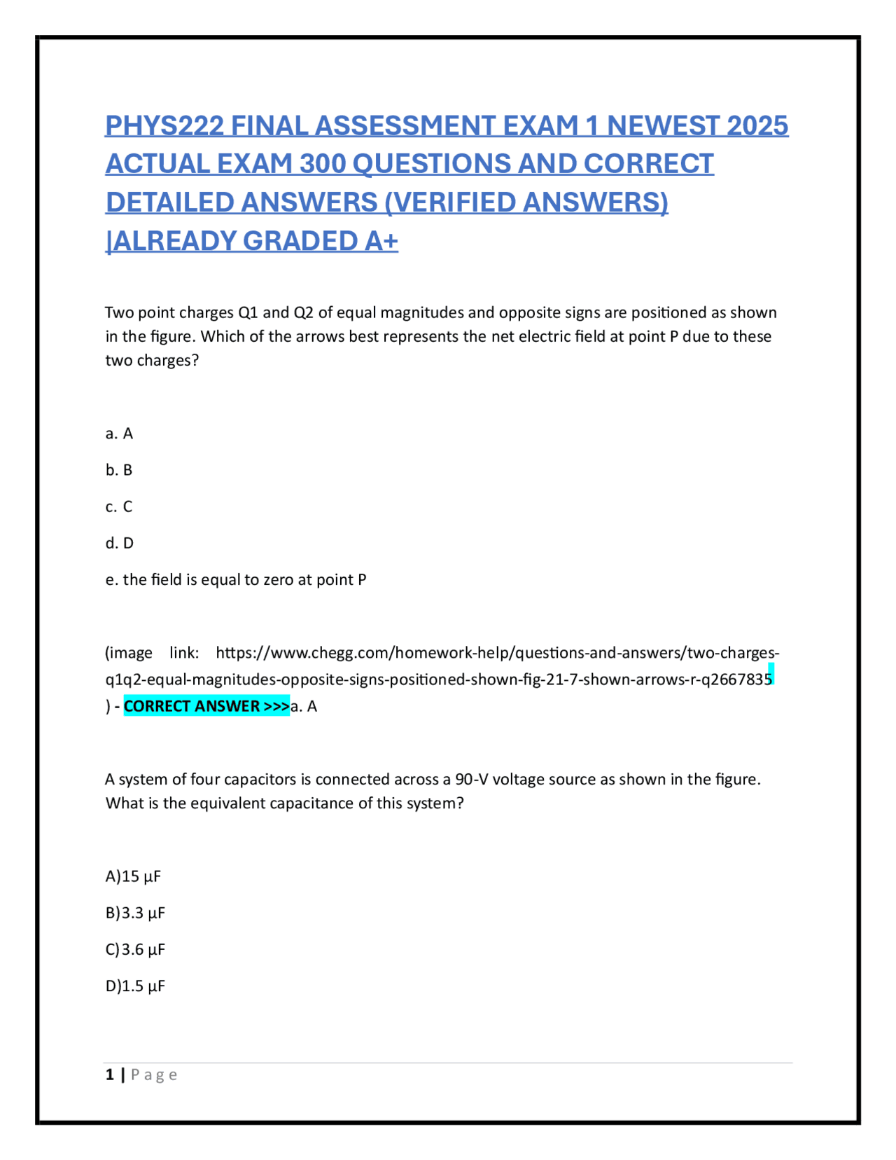 PHYS222 FINAL ASSESSMENT EXAM 1 NEWEST 2025 ACTUAL EXAM 300 QUESTIONS ...