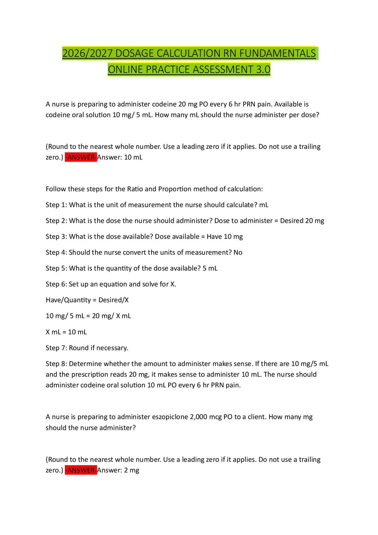 Dosage Calculation Practice Problems for Nurses | Exams Nursing | Docsity
