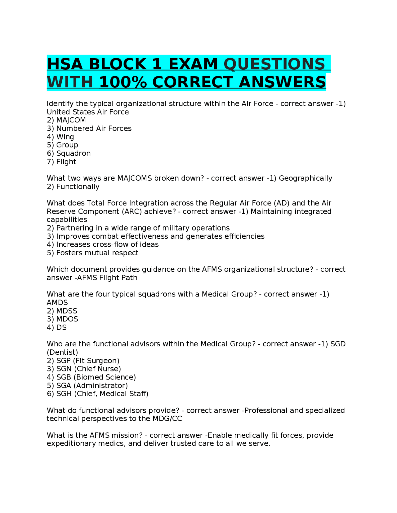 Hsa Questions HSA BLOCK 1 EXAM QUESTIONS WITH 100% CORRECT ANSWERS | Exams Public ...