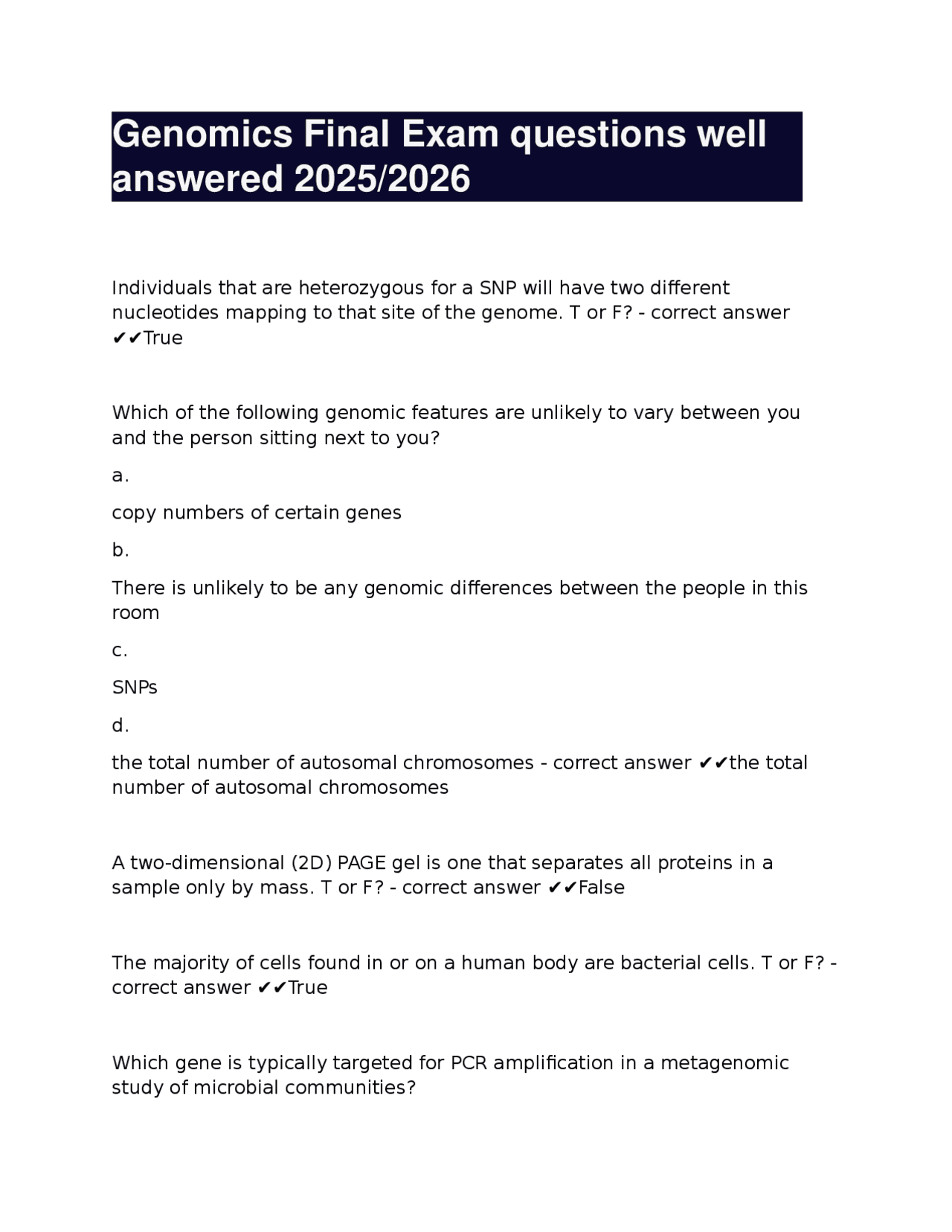 Genomics Final Exam Questions and Answers 2025/2026 | Exams Advanced ...