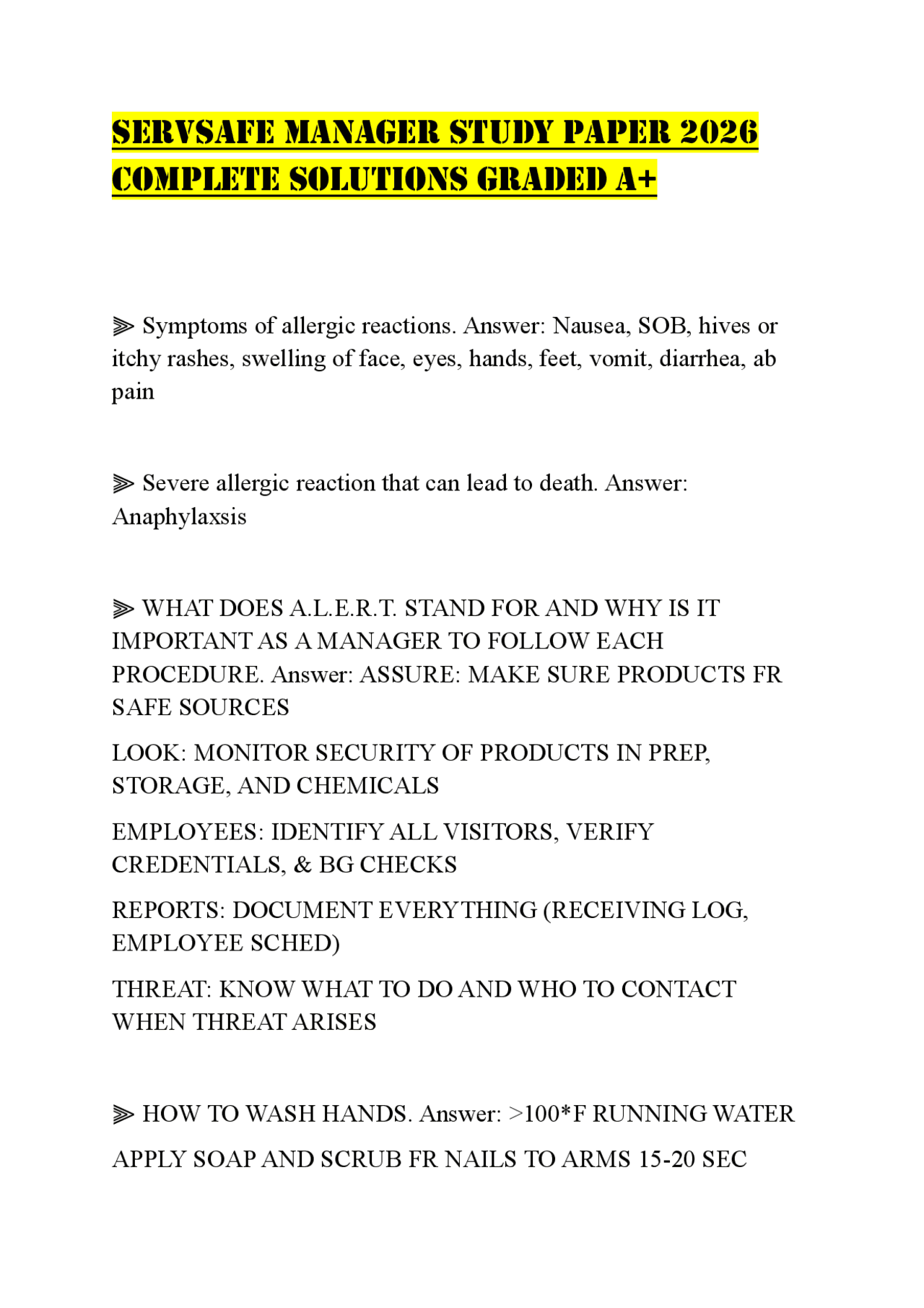 SERVSAFE MANAGER STUDY PAPER 2026 COMPLETE SOLUTIONS GRADED A+ | Exams ...