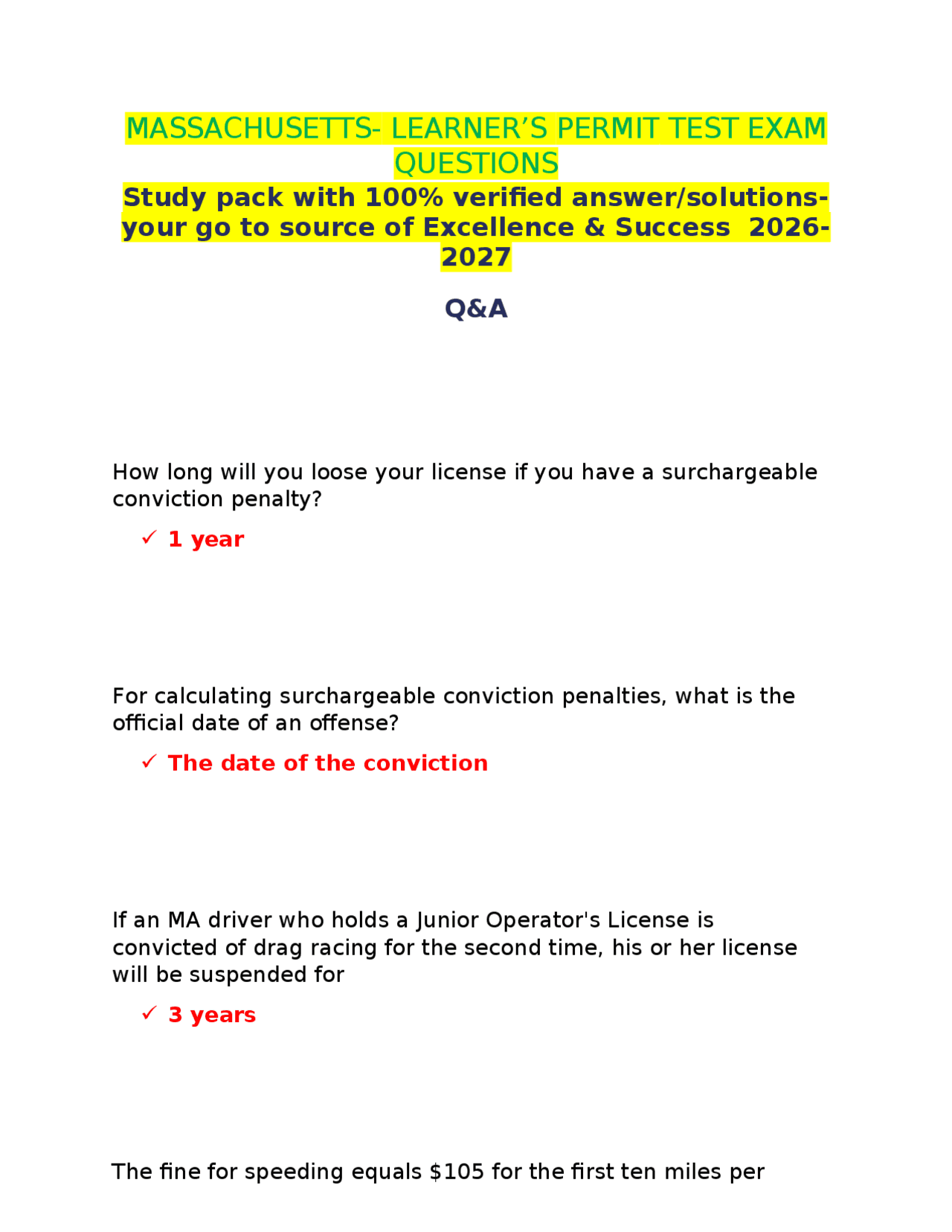 MASSACHUSETTS- LEARNER’S PERMIT TEST EXAM QUESTIONS Study pack with 100 ...