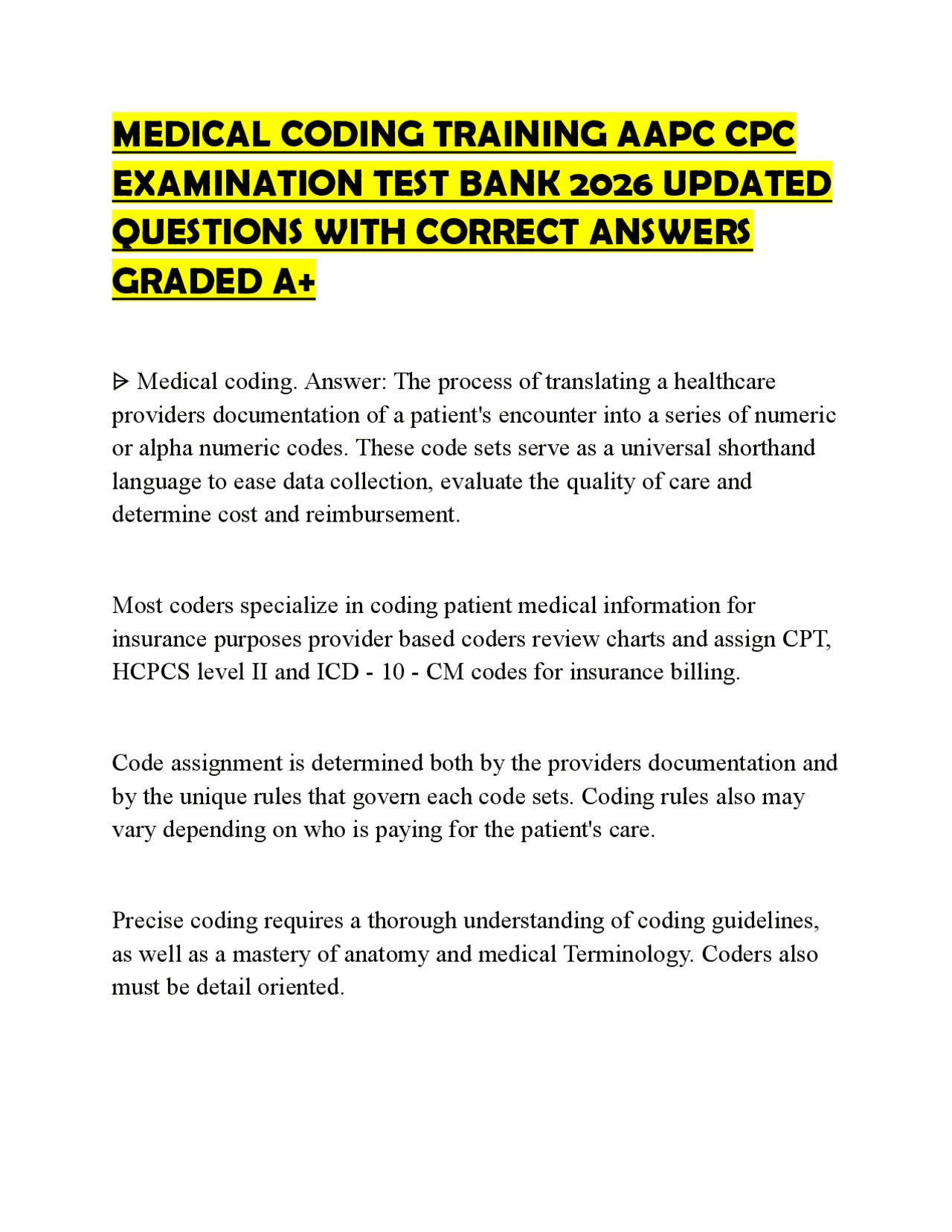 MEDICAL CODING TRAINING AAPC CPC EXAMINATION TEST BANK 2026 UPDATED ...