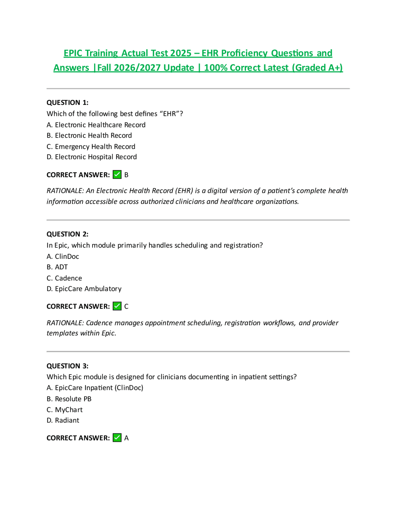 Epic 26 Questionnaire.pdf EPIC Training Actual Test 2025 – EHR Proficiency Questions and Answers ...