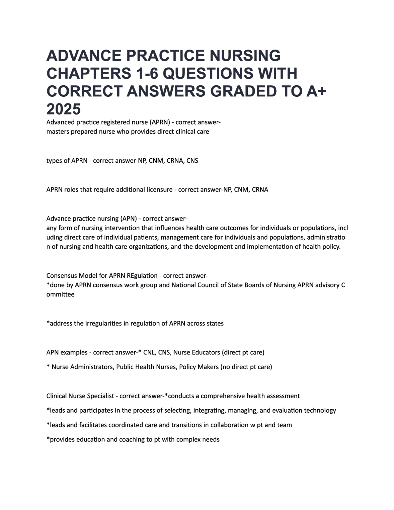 Advanced Practice Nursing Exam Questions and Study Guide (APRN PDF ...