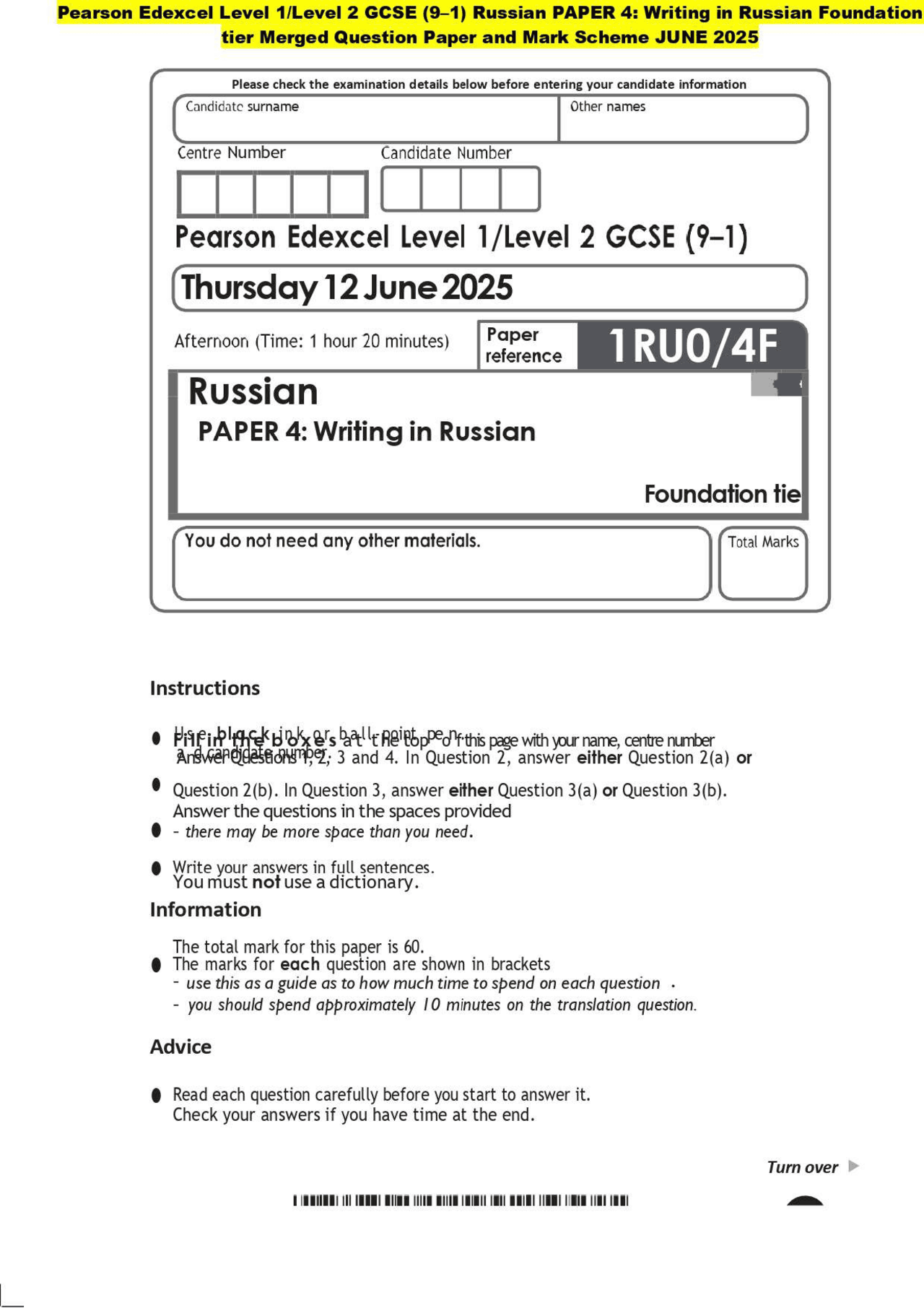 Pearson Edexcel Level 1/Level 2 GCSE (9–1) Russian PAPER 4: Writing in ...