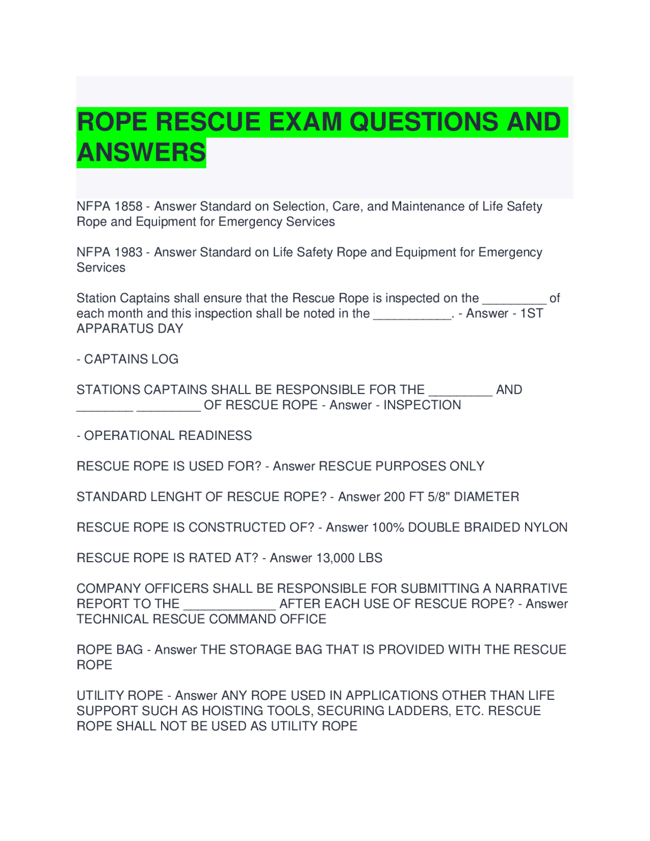 Job Application Rope Question Rope Rescue Exam: Questions and Answers for Emergency Services | Exams ...