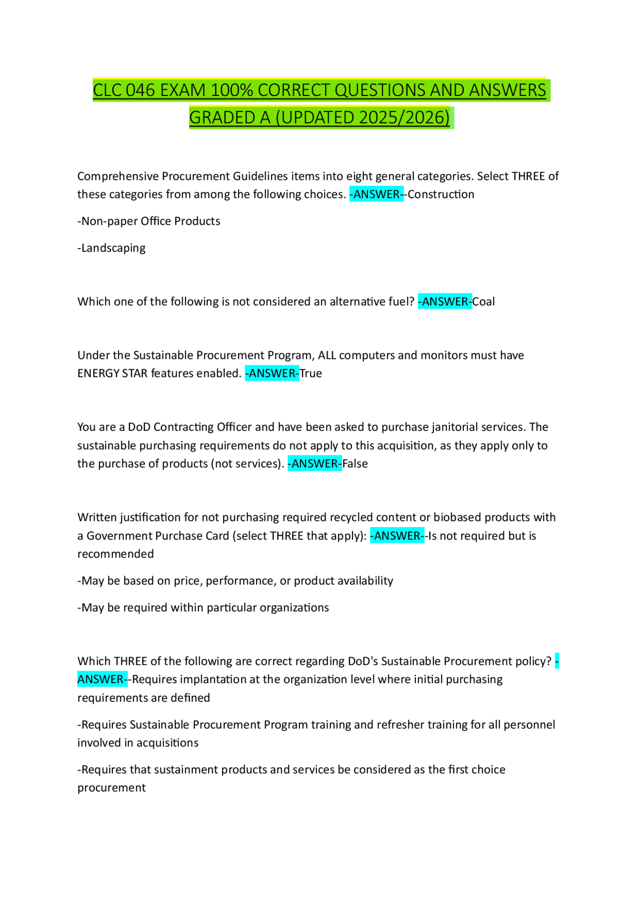 Procurement Guidelines Exam Questions and Answers | Exams Nursing | Docsity