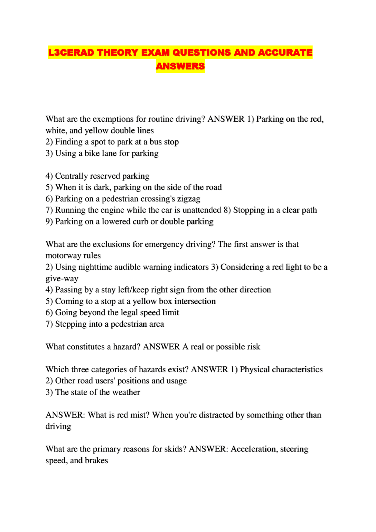 L3CERAD Theory Exam: Questions and Answers for Driver Safety | Exams ...