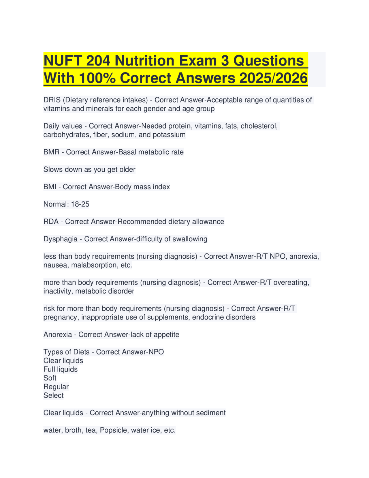 NUFT 204 Nutrition Exam 3 Questions With 100% Correct Answers 2025/2026 ...