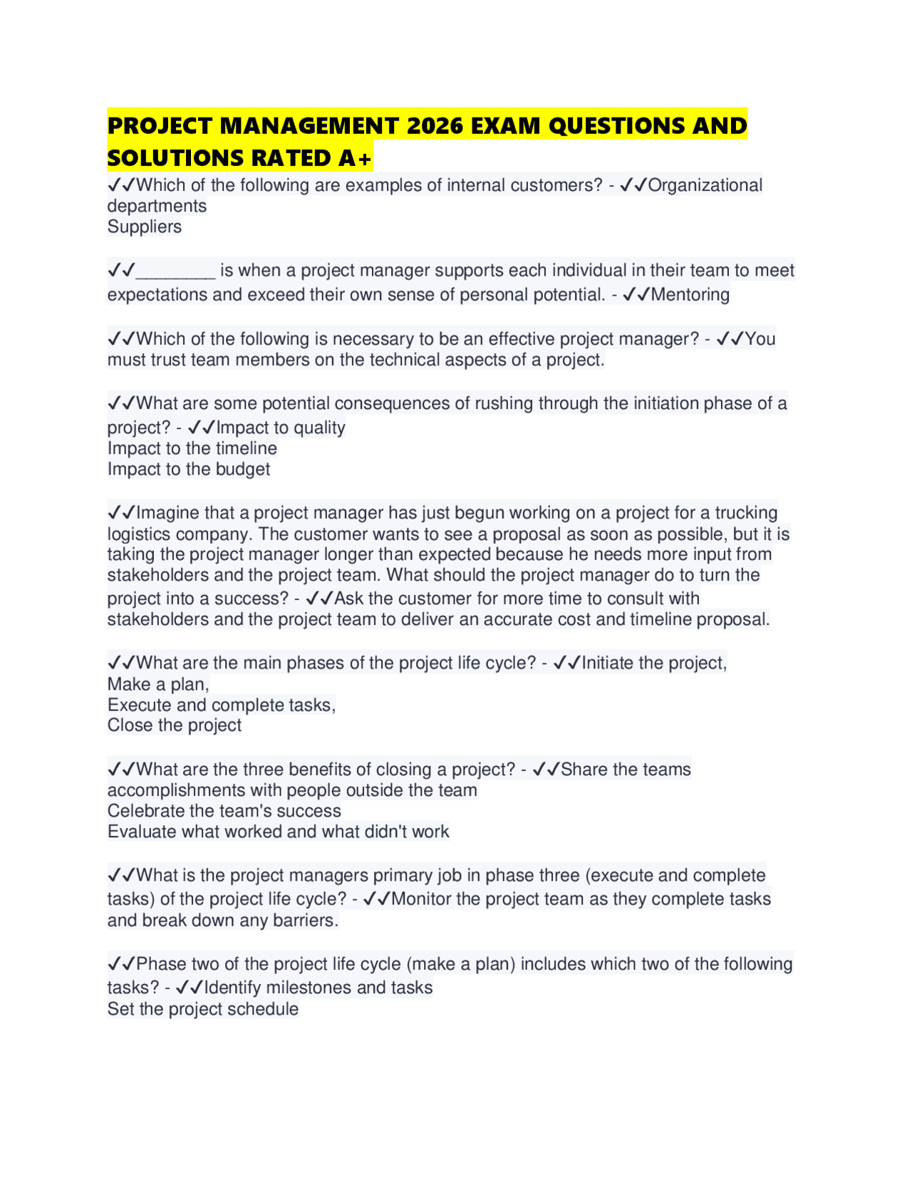 PROJECT MANAGEMENT 2026 EXAM QUESTIONS AND SOLUTIONS RATED A+ | Exams ...