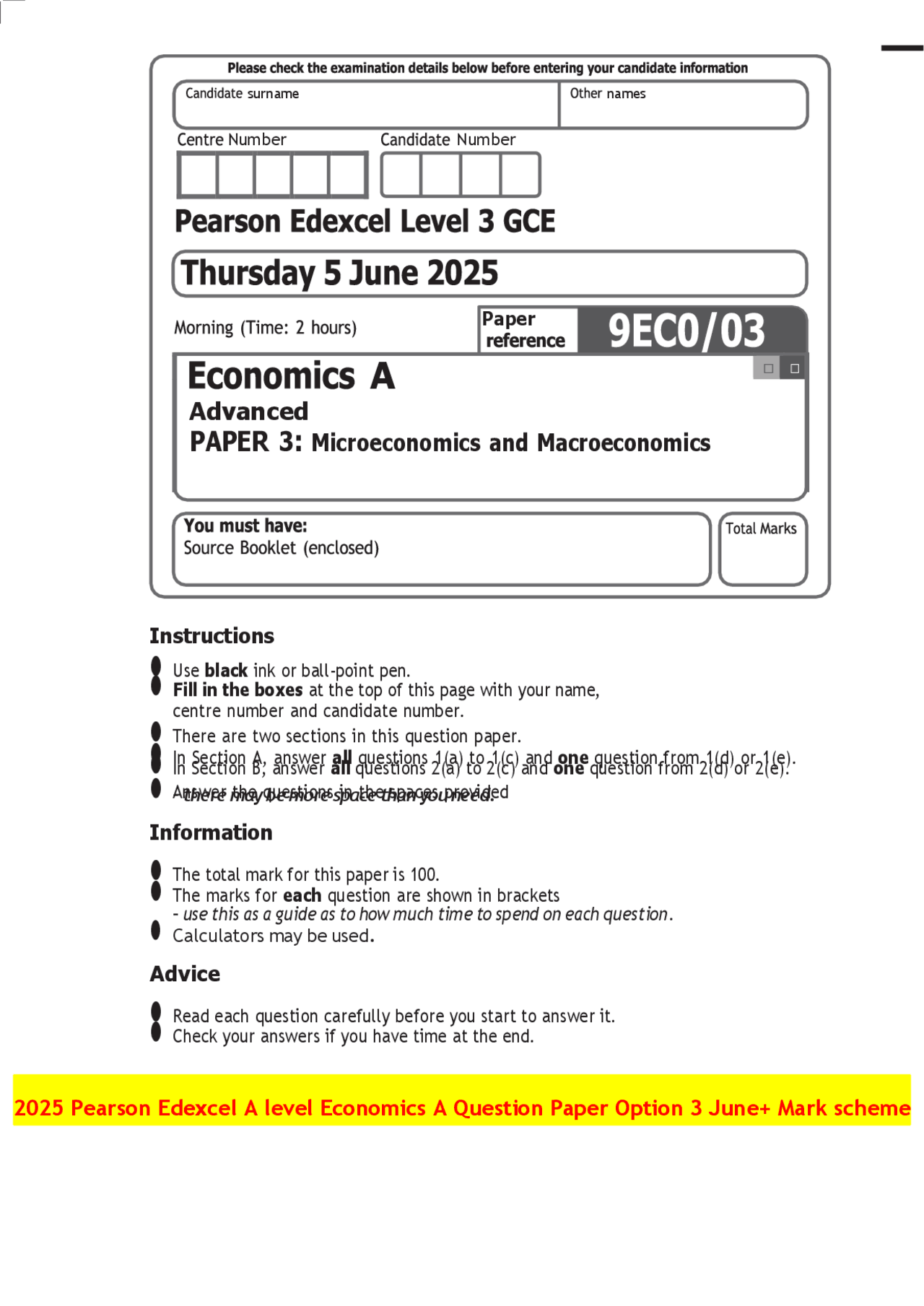 2025 Pearson Edexcel A level Economics A Question Paper Option 3 June ...