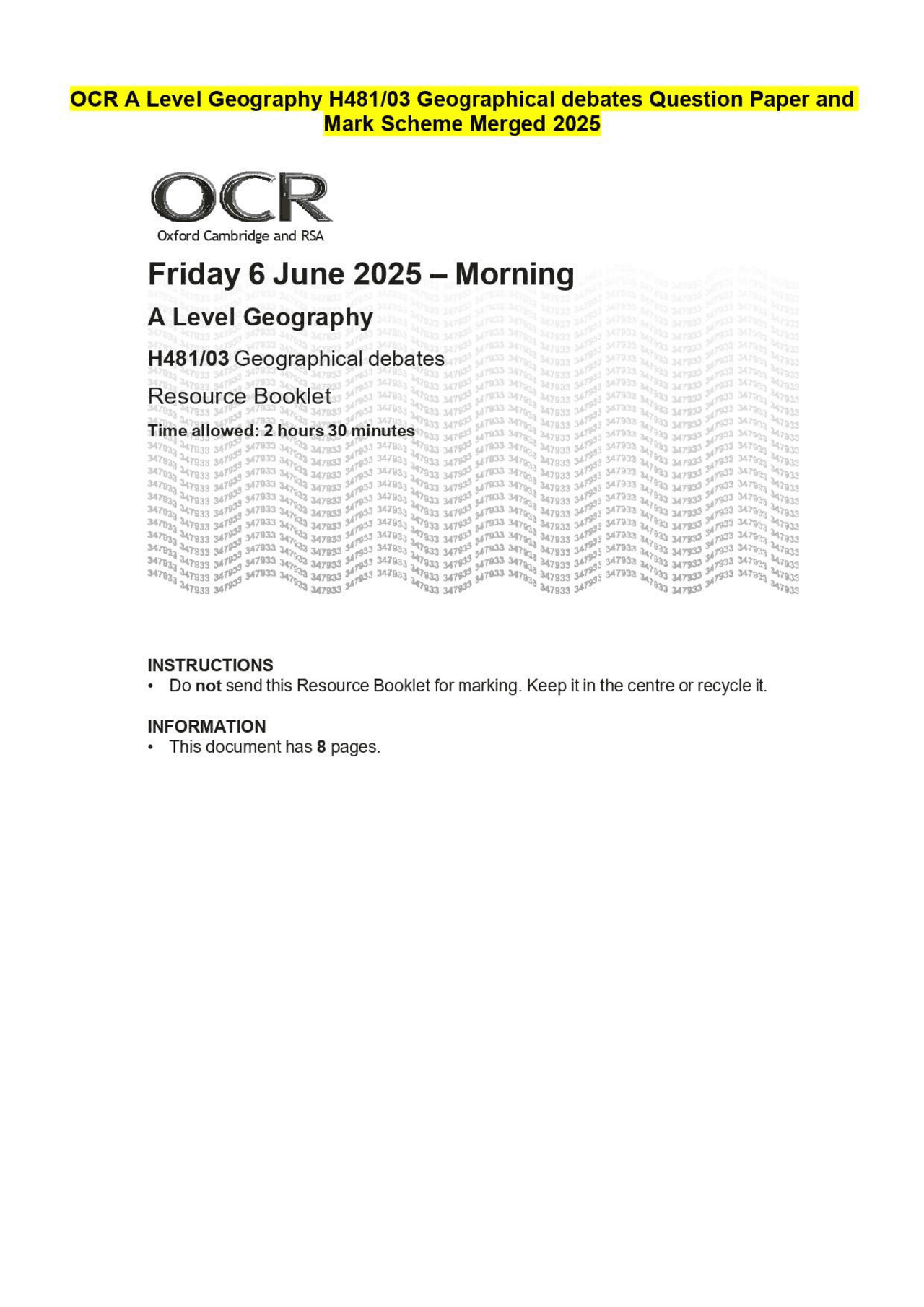 OCR A Level Geography H481/03 Geographical debates Question Paper and ...