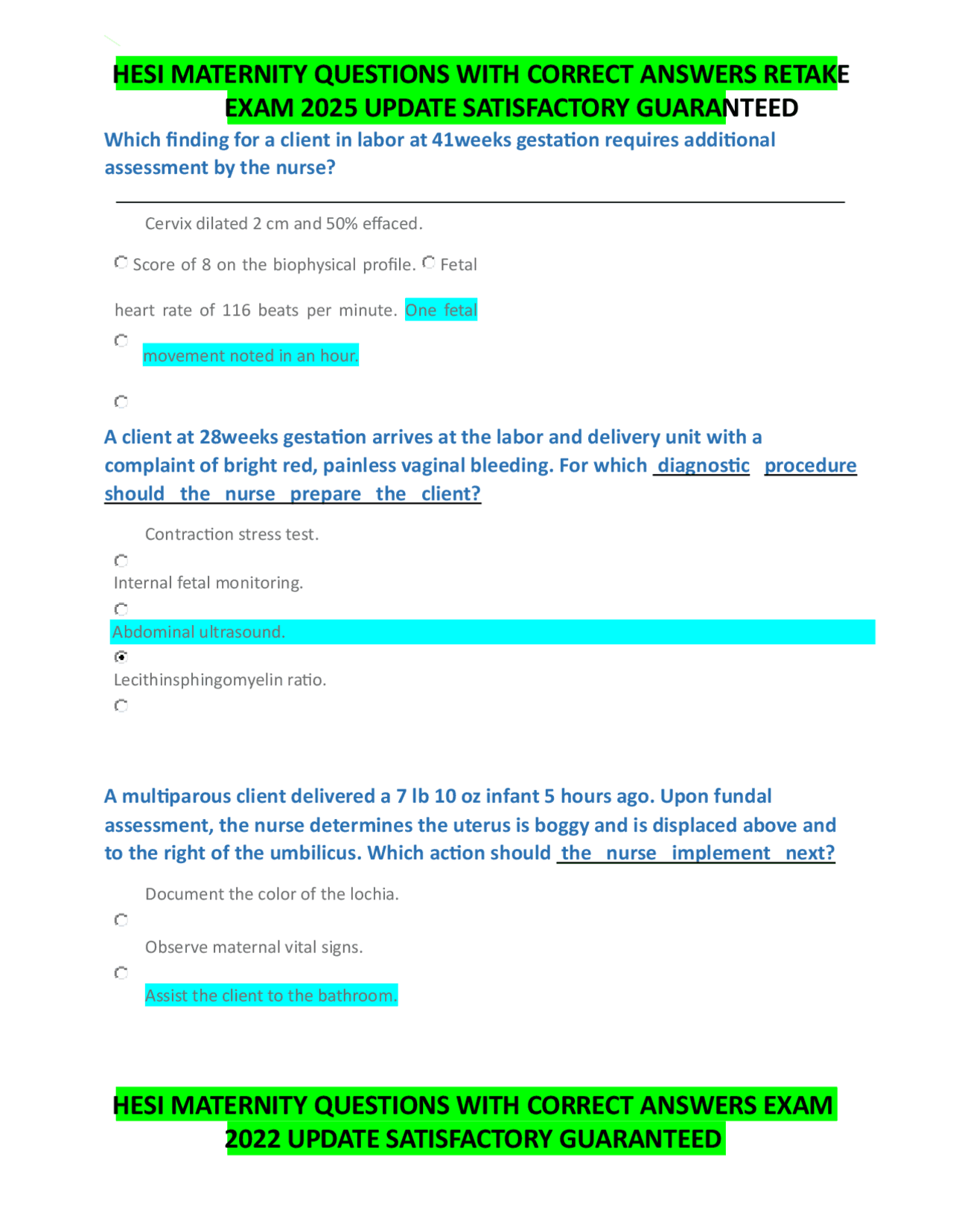 HESI MATERNITY QUESTIONS WITH CORRECT ANSWERS RETAKE EXAM 2025 UPDATE ...