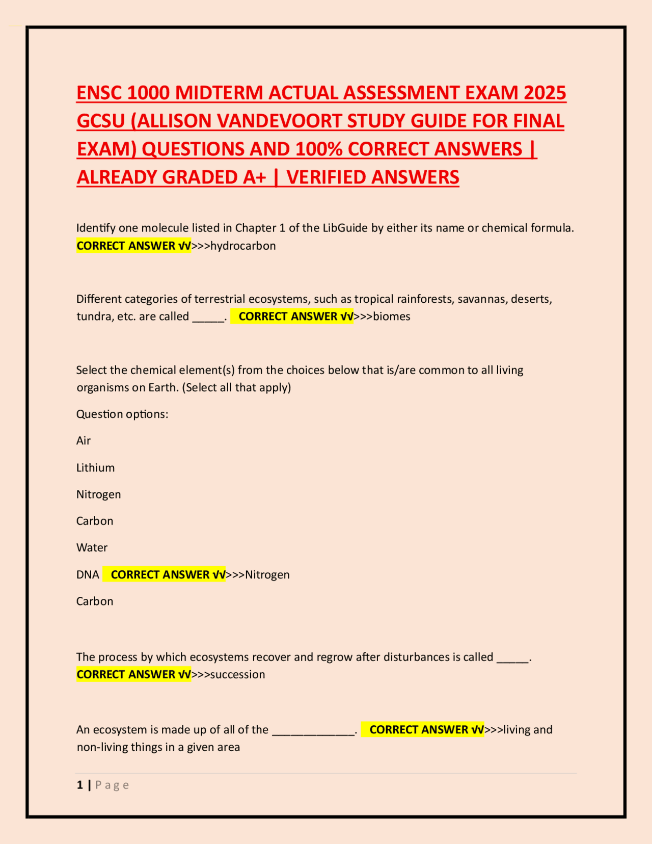 ENSC 1000 MIDTERM ACTUAL ASSESSMENT EXAM 2025 GCSU (ALLISON VANDEVOORT ...