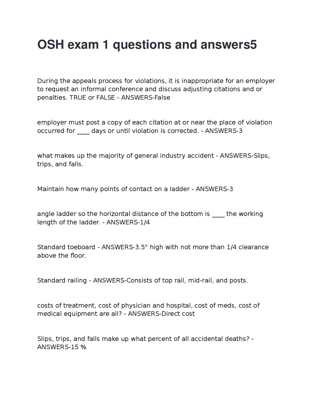 OSH Exam 1: Questions and Answers for Occupational Safety and Health ...