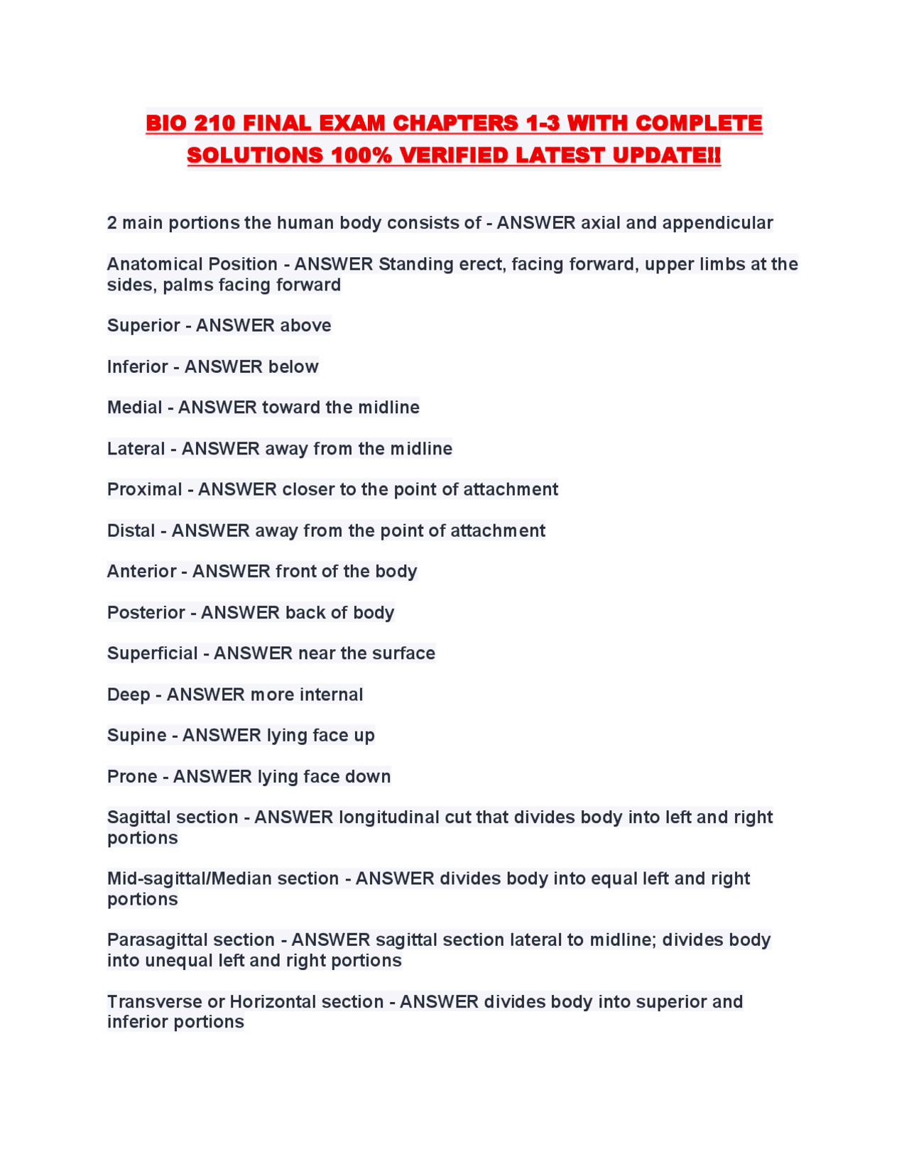 BIO 210 FINAL EXAM CHAPTERS 1-3 WITH COMPLETE SOLUTIONS 100% VERIFIED ...