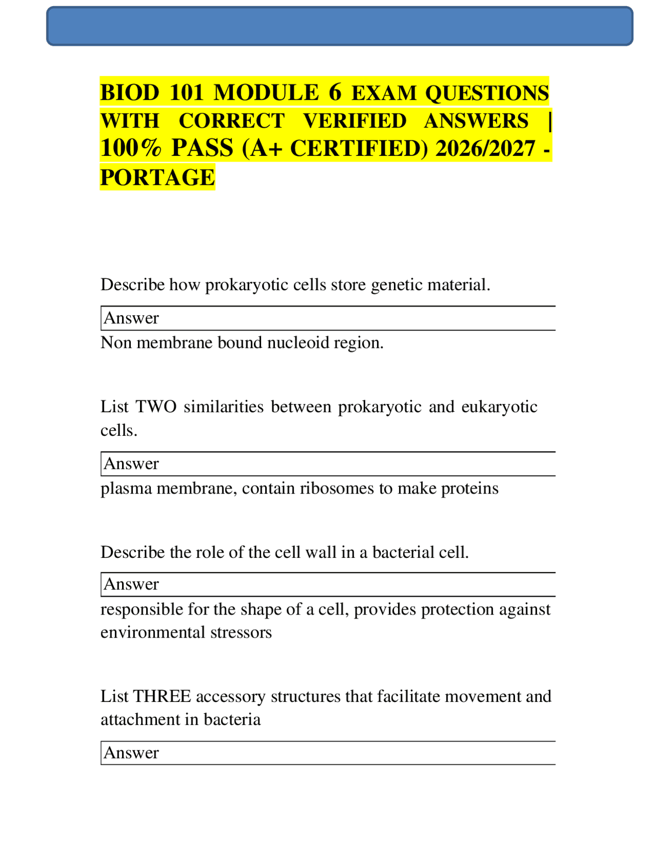 BIOD 101 MODULE 6 EXAM QUESTIONS WITH CORRECT VERIFIED ANSWERS | 100% ...