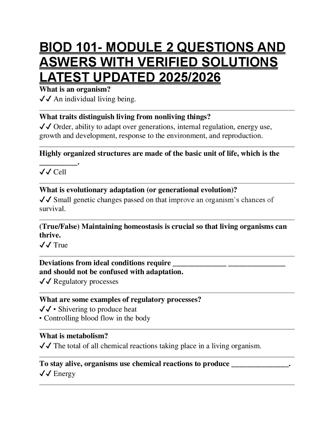 BIOD 101- MODULE 2 QUESTIONS AND ASWERS WITH VERIFIED SOLUTIONS LATEST ...