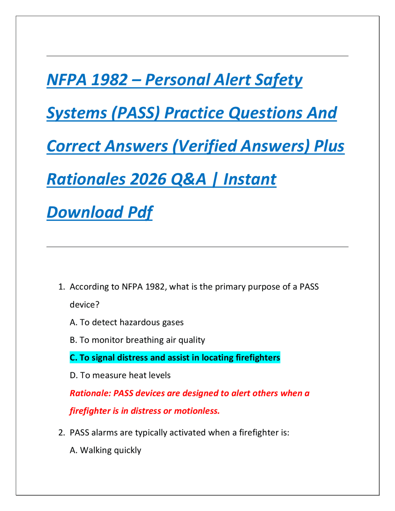 NFPA 1982 – Personal Alert Safety Systems (PASS) Practice Questions And ...