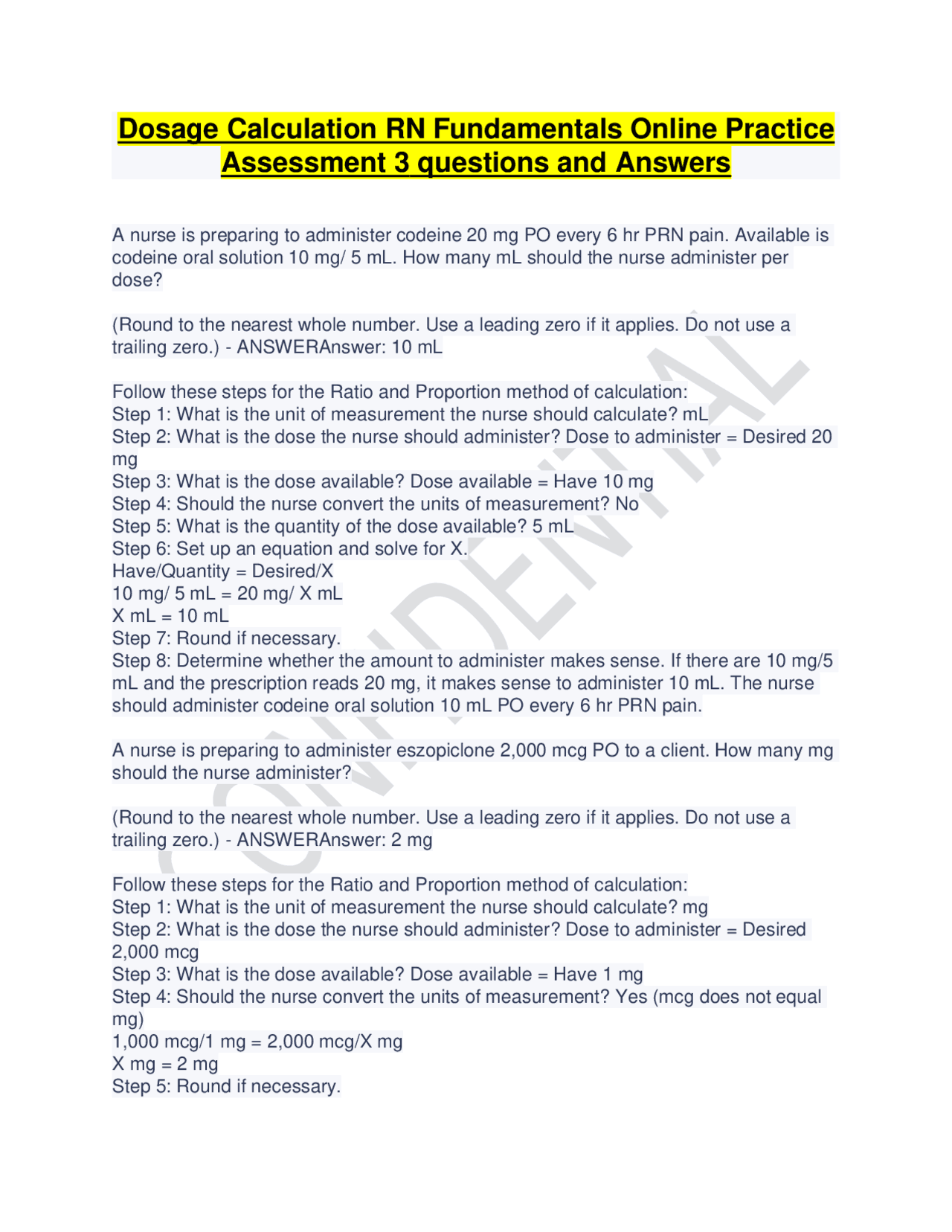 Dosage Calculation Practice Questions and Answers for Nurses | Exams ...