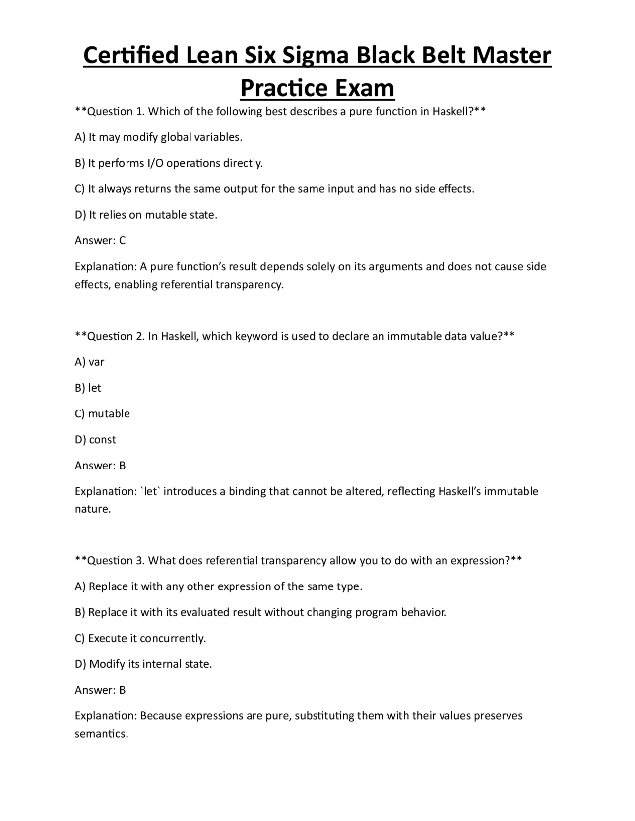 Certified Lean Six Sigma Black Belt Master Practice Exam | Exams ...