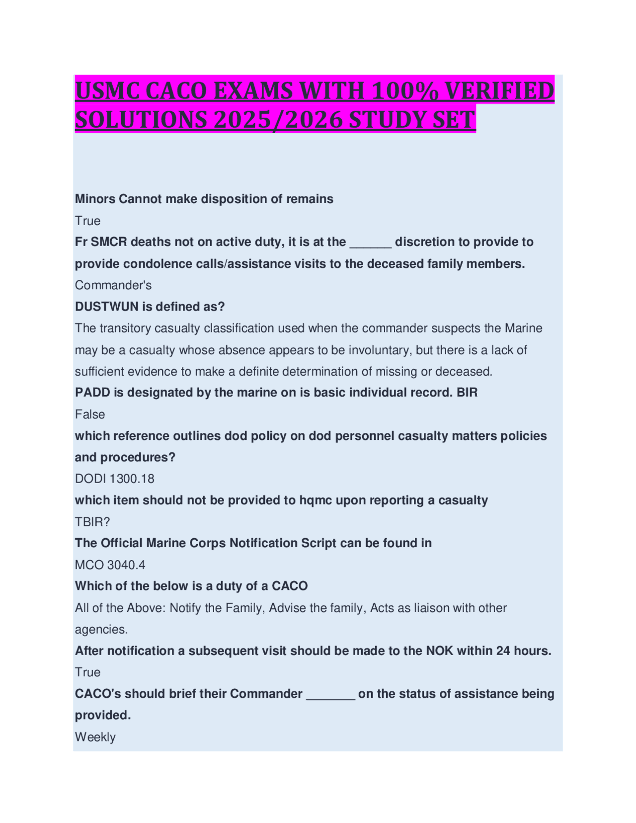 Caco Module 2 Answers USMC CACO Exam Questions and Answers 2025/2026 | Exams Business ...