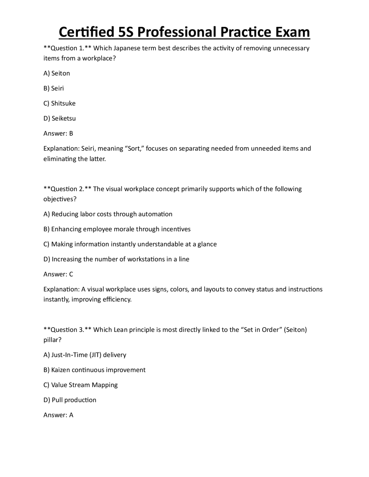 Certified 5S Professional Practice Exam | Exams Technology | Docsity