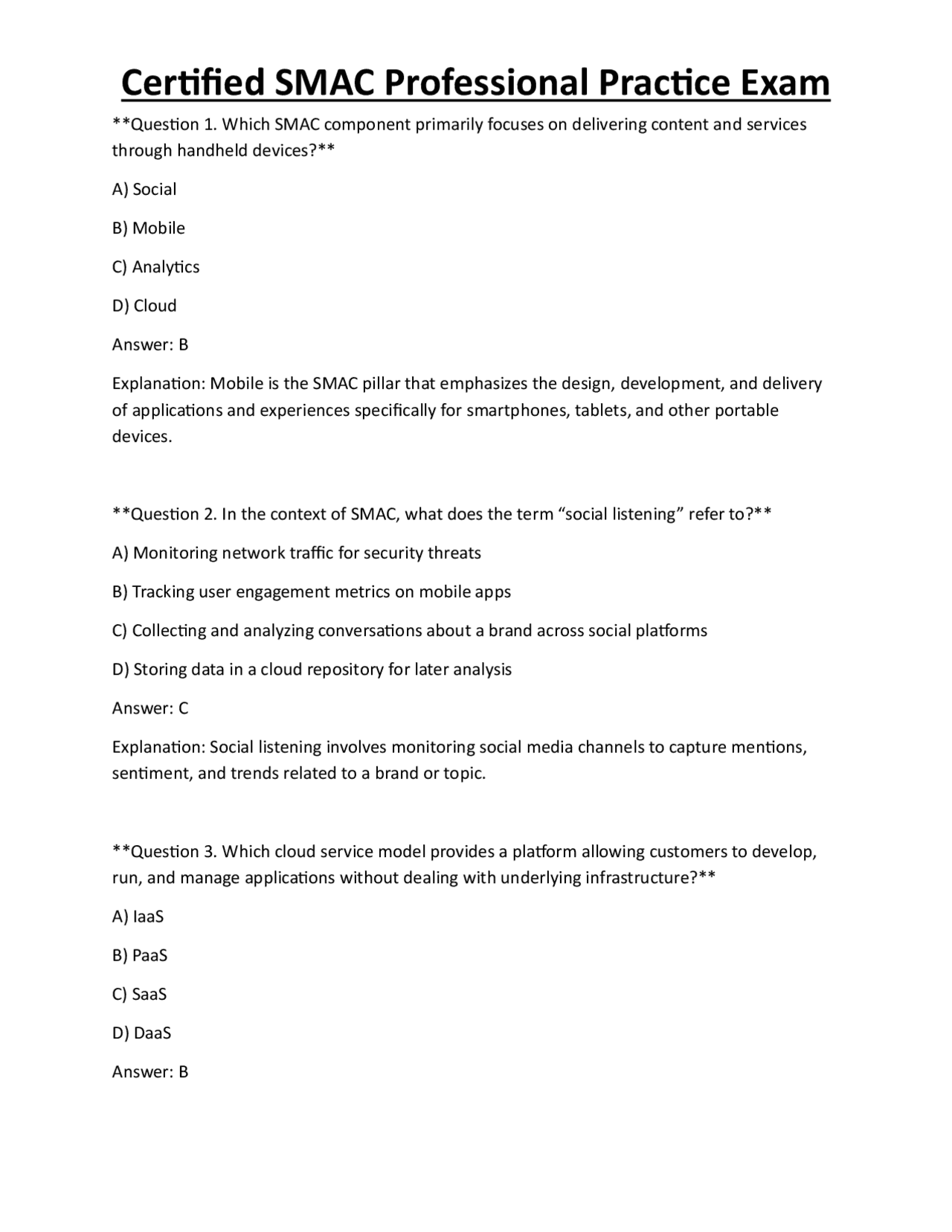 Certified SMAC Professional Practice Exam | Exams Technology | Docsity