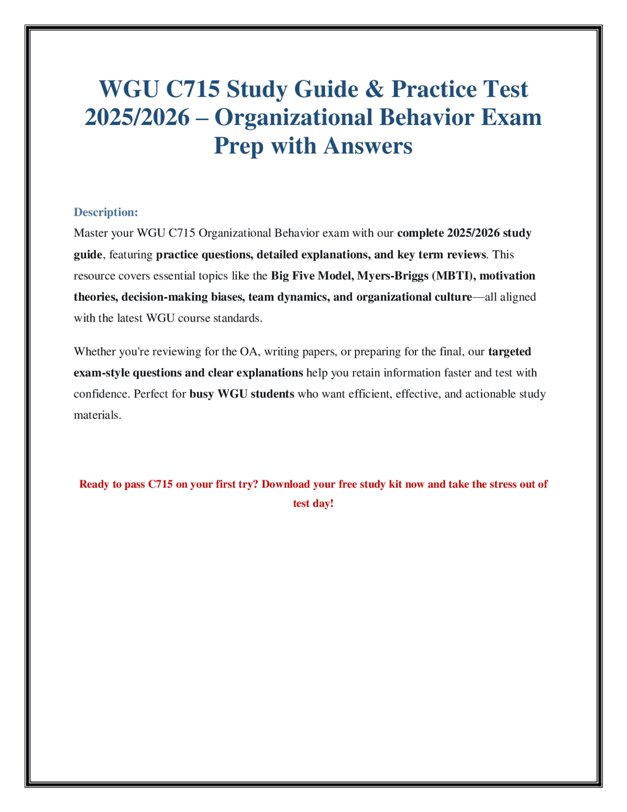 WGU C715 Study Guide 2025/2026: Organizational Behavior Questions ...