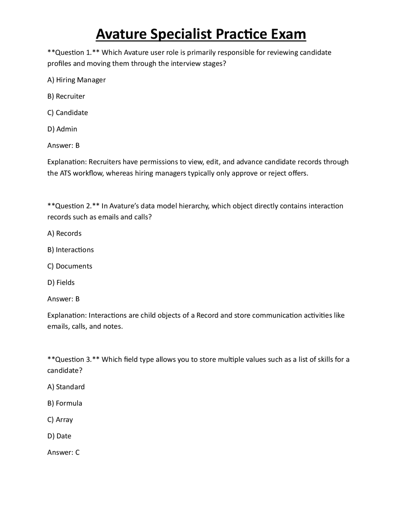 Avature Specialist Practice Exam: Questions and Answers | Exams ...