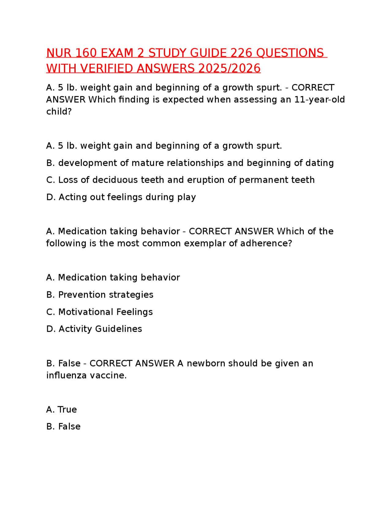 NUR 160 EXAM 2 STUDY GUIDE 226 QUESTIONS WITH VERIFIED ANSWERS 2025/ ...